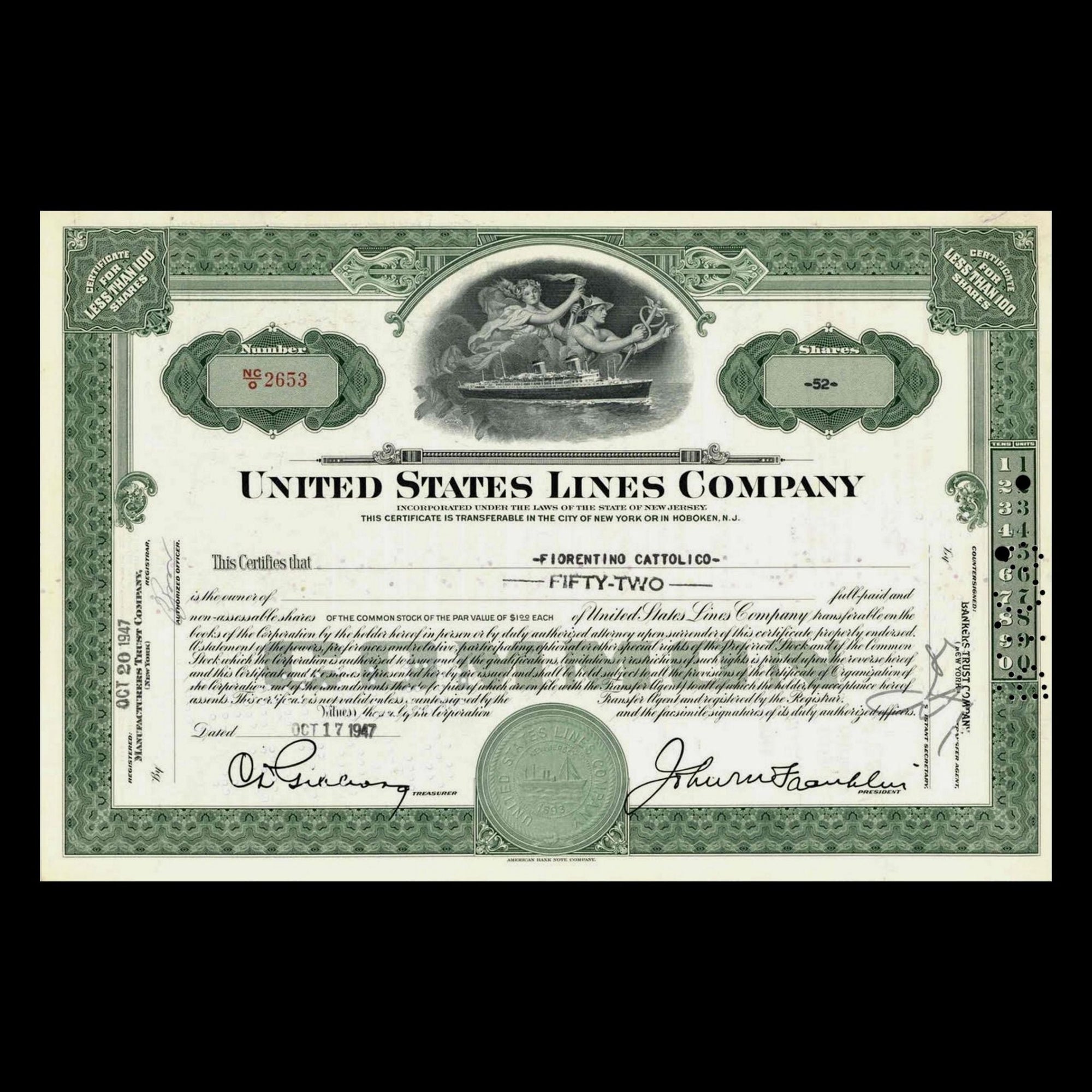 United States Lines Company Stock Certificate - 1940's - Passenger Ships