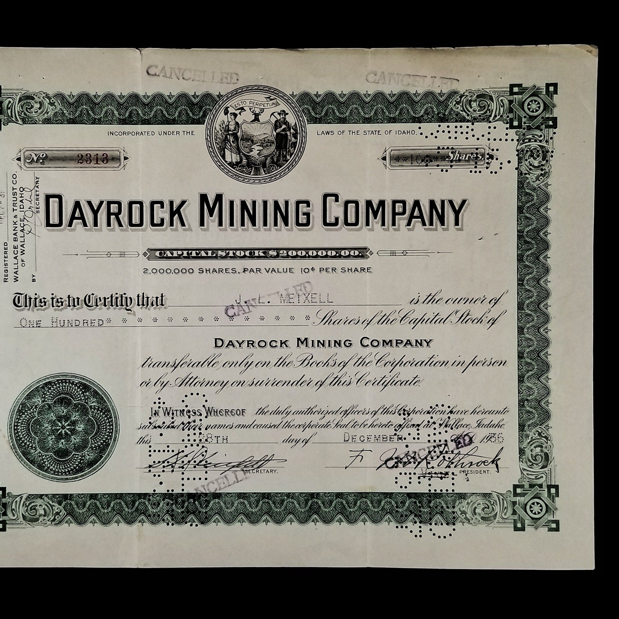 Dayrock Mining Co. Stock Certificate - 1930's - Great Depression