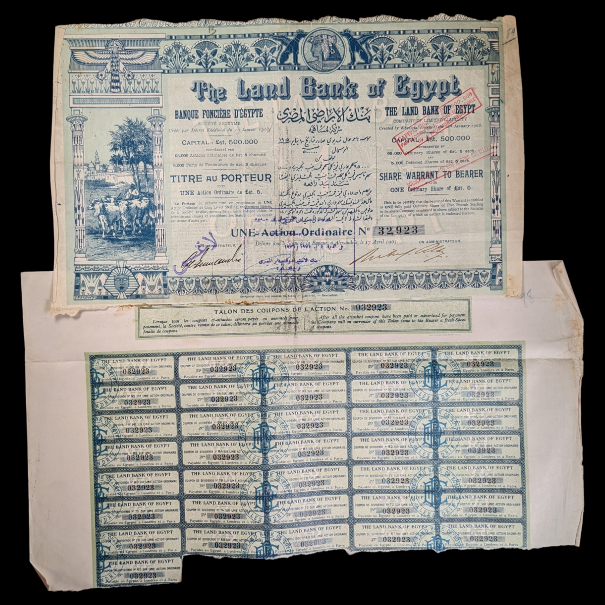 Land Bank of Egypt Stock Certificate - 1905 - Alexandria, Egypt