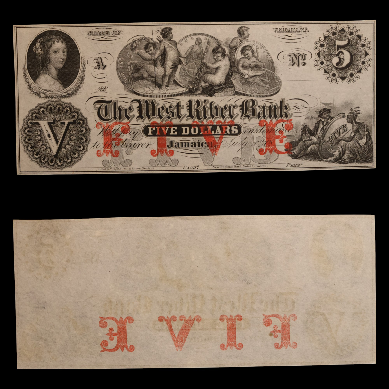 The West River Bank Jamaica, Five Dollars - 1860 - Jamaica, Vermont, USA