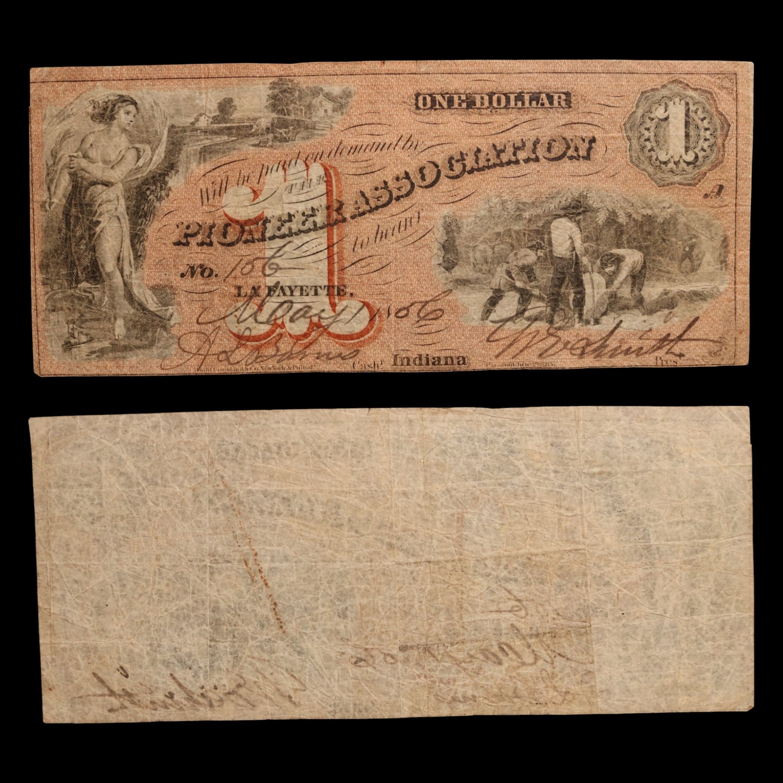 Pioneer Association of Lafayette, Indiana, One Dollar Note - 1856 - Lafayette, Indiana, USA