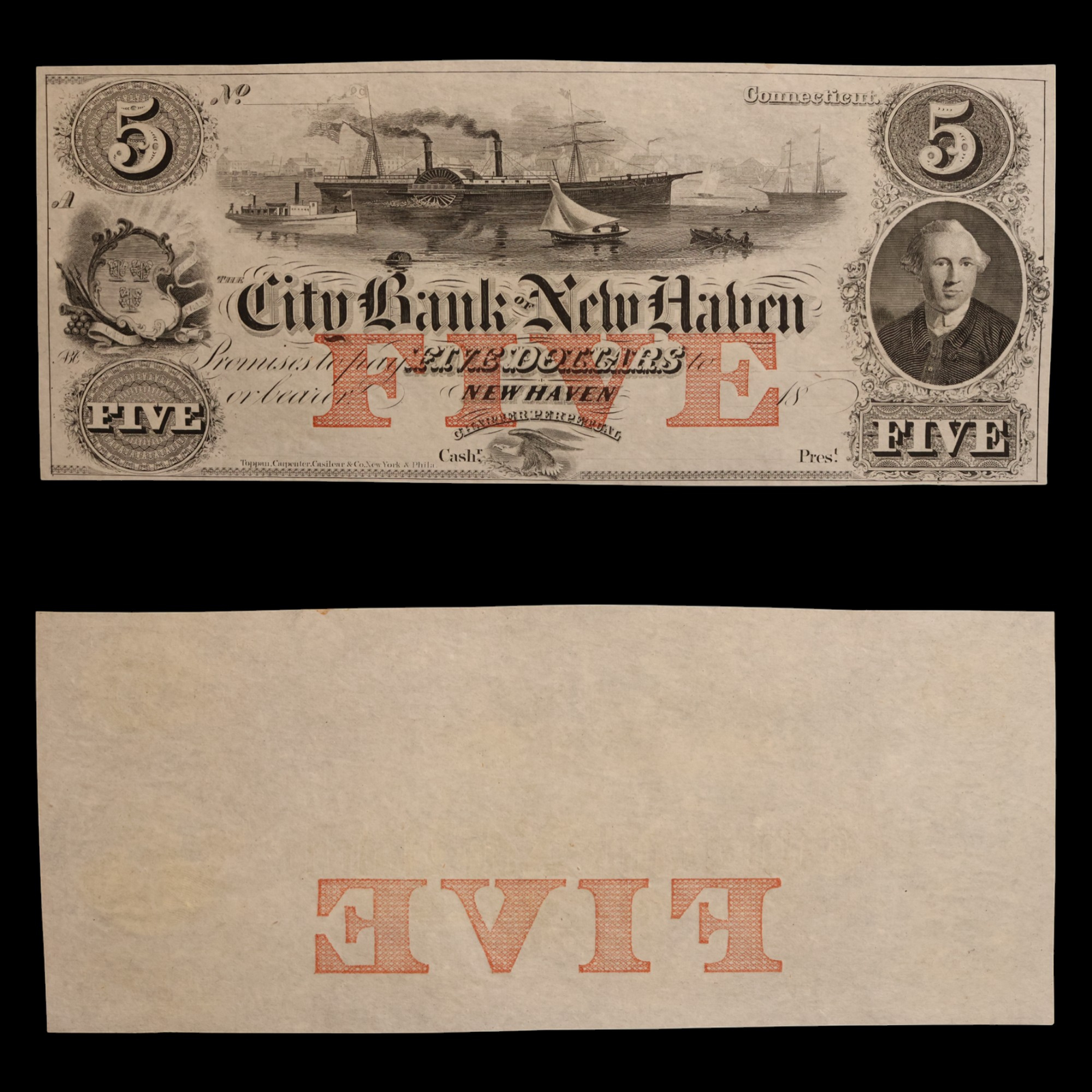 City Bank of New Haven, Five Dollars - c. 1860s - New Haven, Connecticut, USA