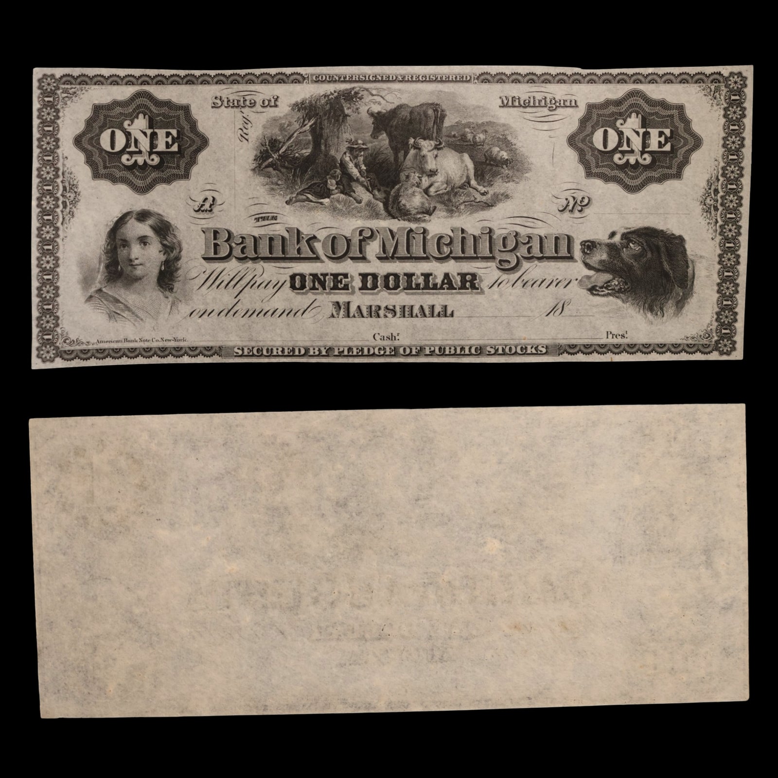 Bank of Michigan, Marshall, One Dollar Note (Unsigned) - c. 1860s - Marshall, Michigan, USA