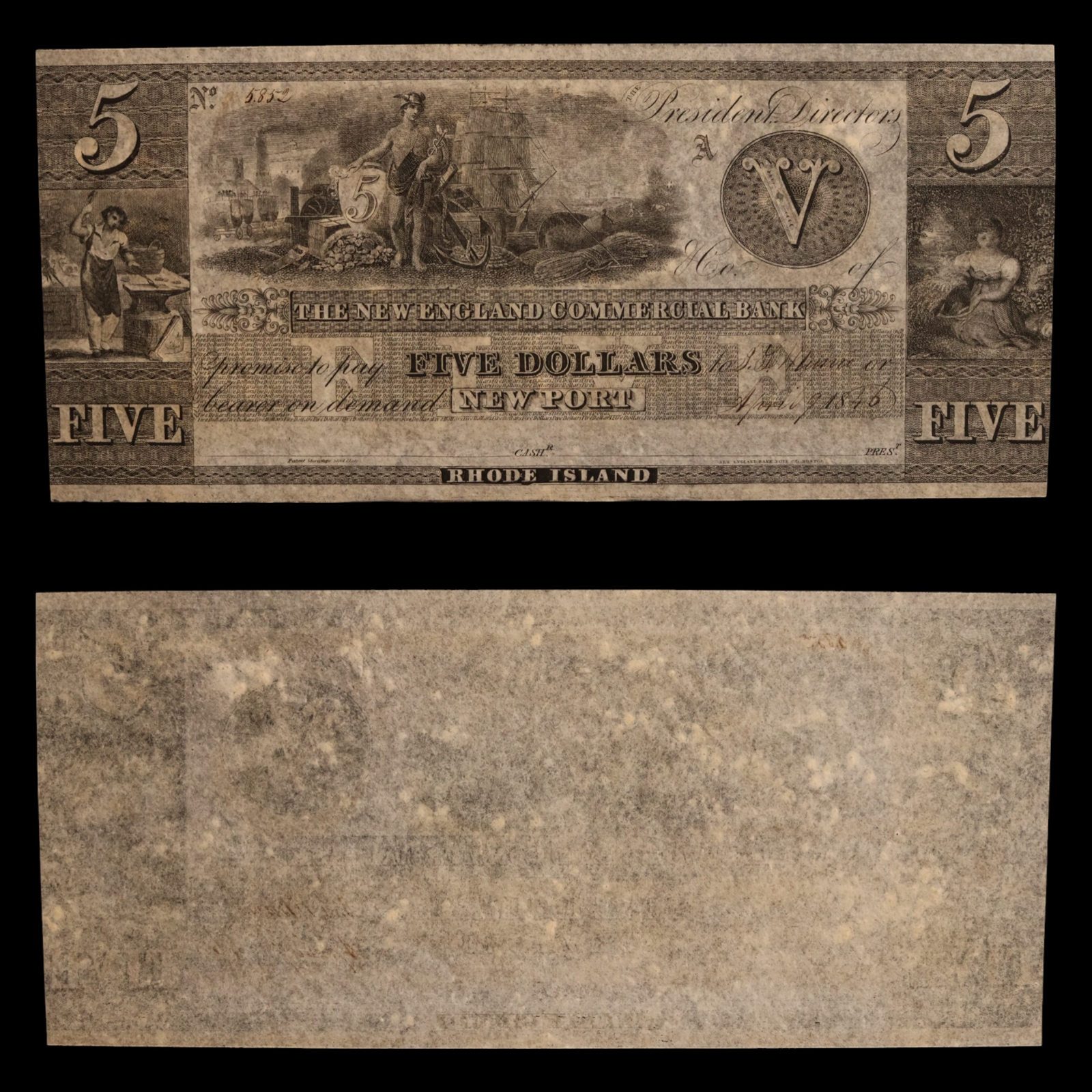 The New England Commercial Bank, Five Dollars - April 9th, 1846 - Newport, Rhode Island, USA