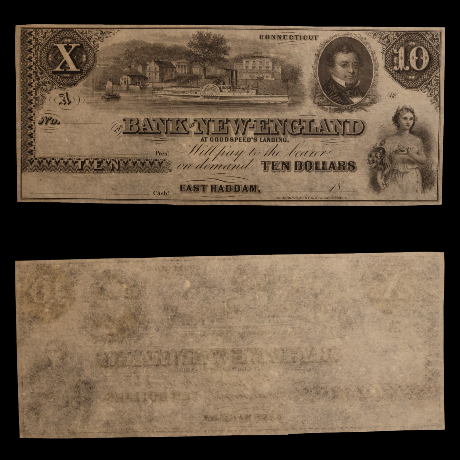 Bank of New-England At Goodspeed's Landing, Ten Dollar Note (Unissued) - c. 1850 to 1870 - East Haddam, Connecticut, USA