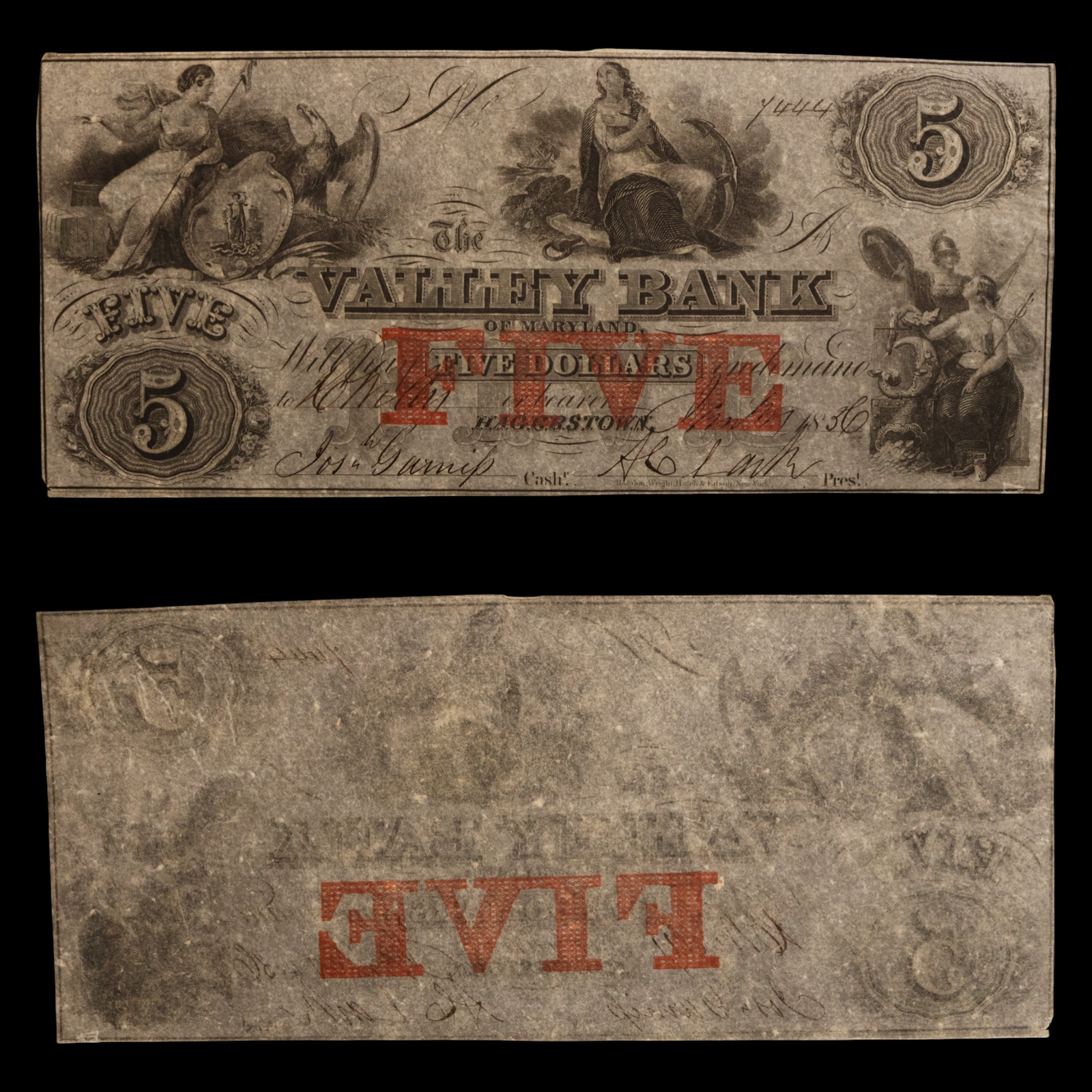The Valley Bank of Maryland, Five Dollar Note - 1836 - Hagerstown, Maryland, USA
