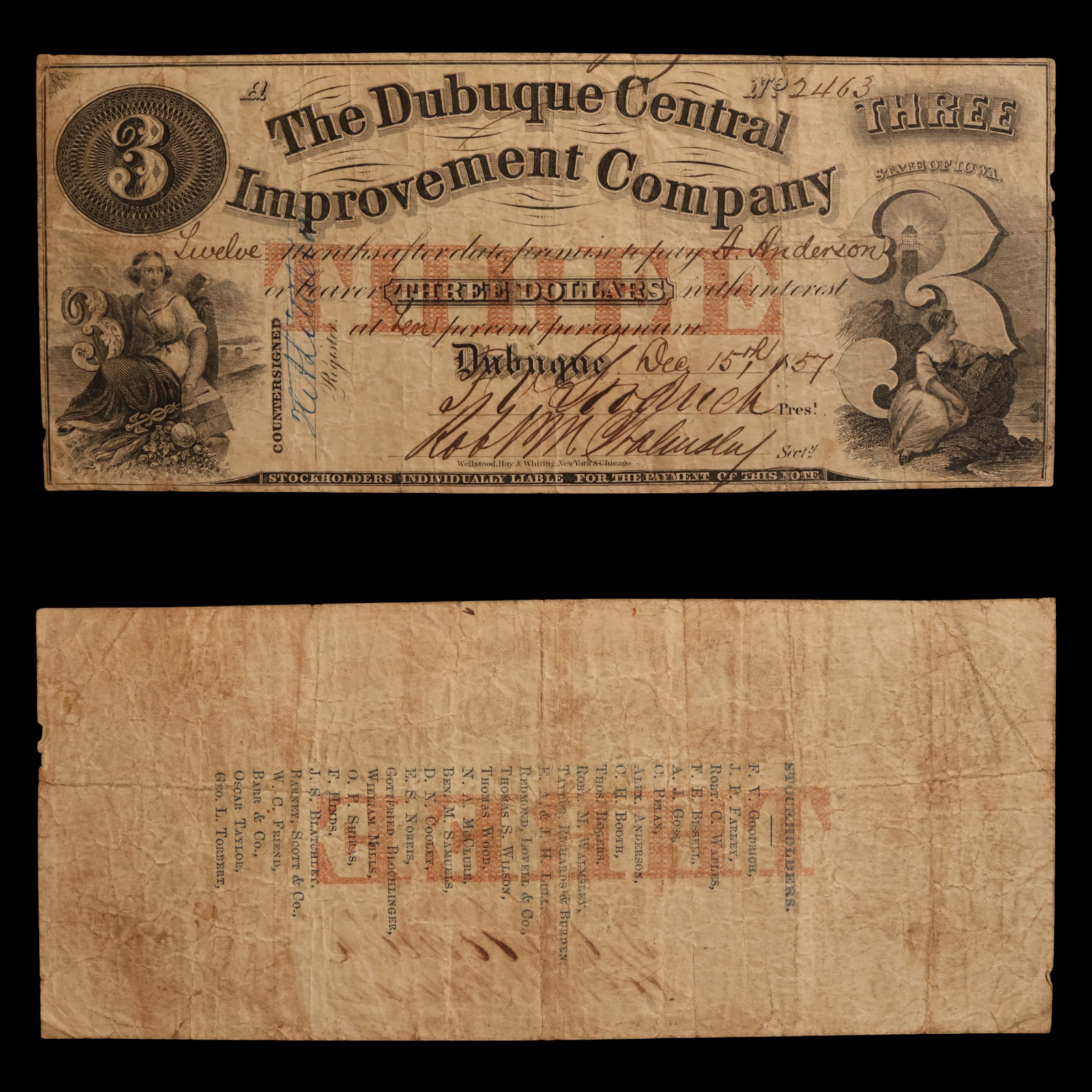 The Dubuque Central Improvement Company, Three Dollar Note - December 15th, 1857 - Dubuque County, Iowa, USA