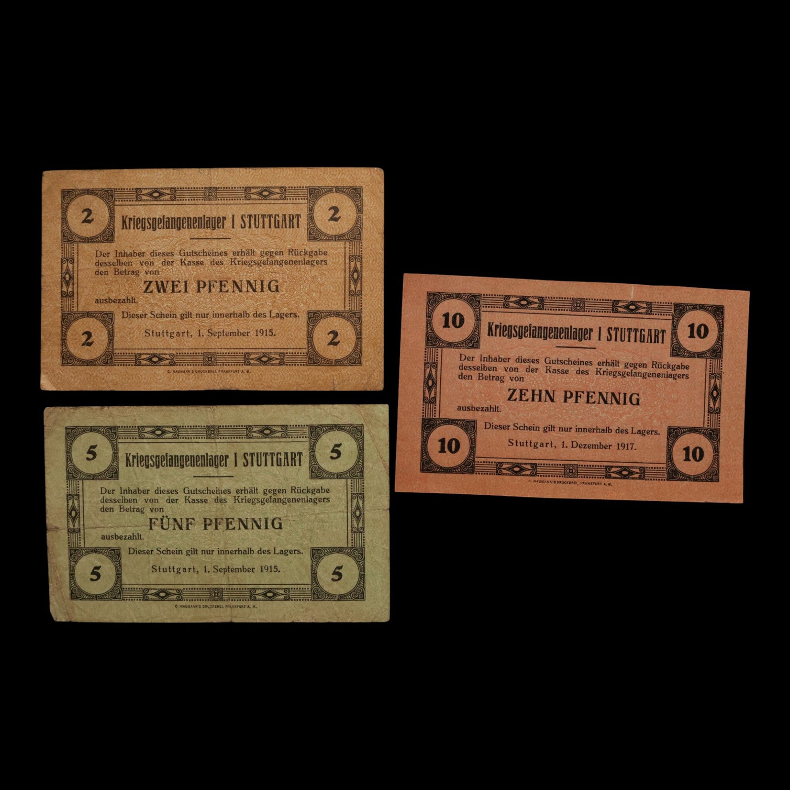 German Empire, Stuttgart POW Camp, 2, 5, 10 Pfennig (3 Notes)