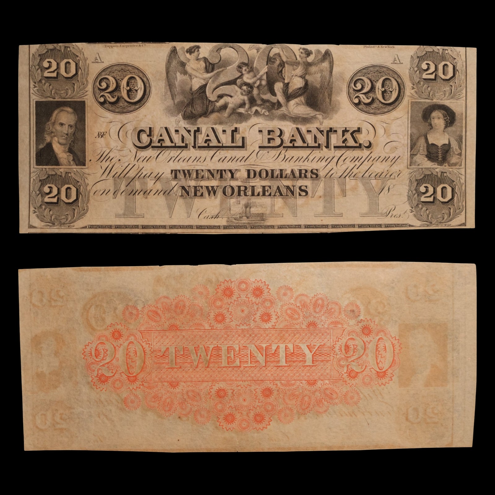 The New Orleans Canal & Banking Co, Twenty Dollar Note (Unsigned) - 1831 to 1895 - New Orleans, Louisiana, USA