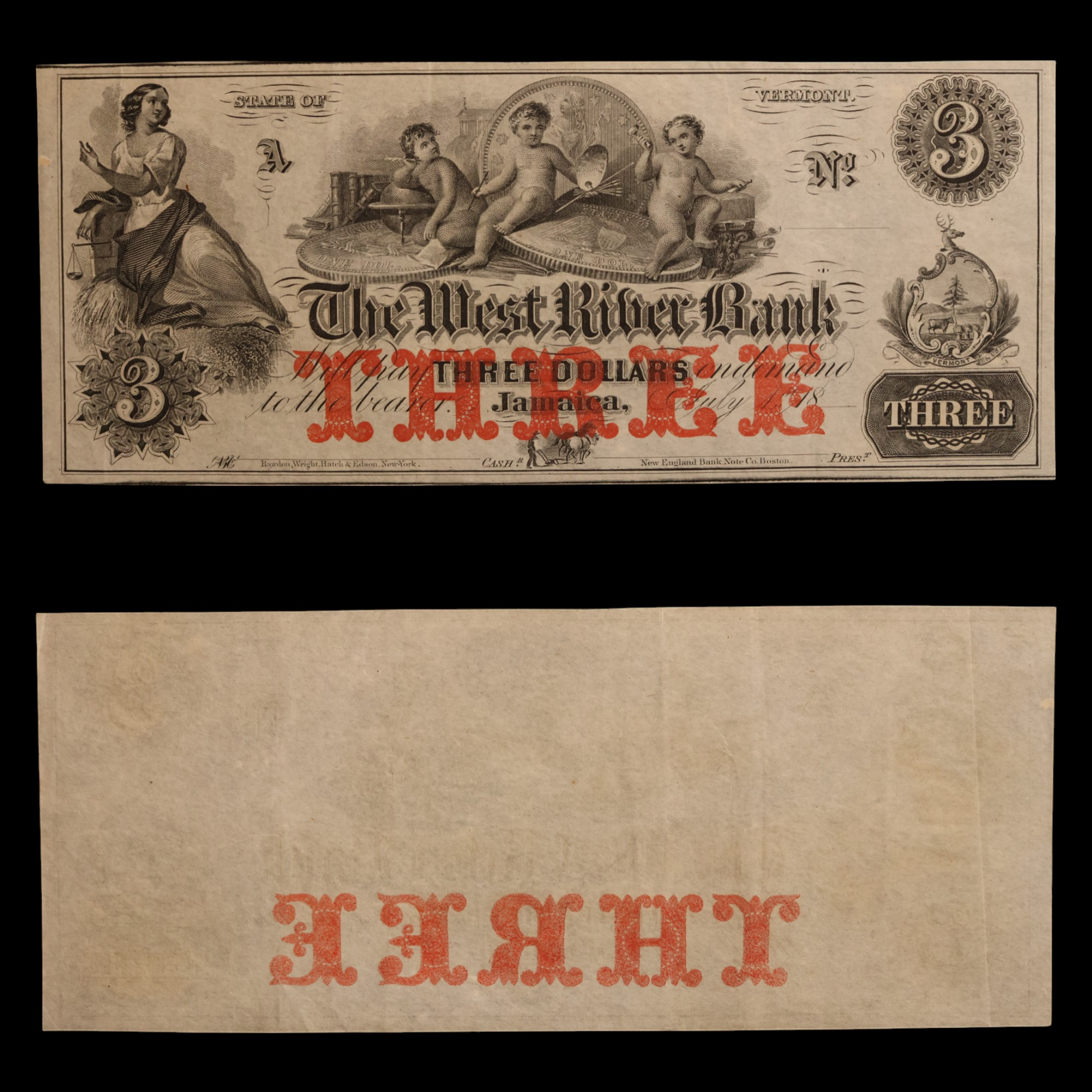 The West River Bank Jamaica, Three Dollars (Unissued) - 1860 - Jamaica, Vermont, USA
