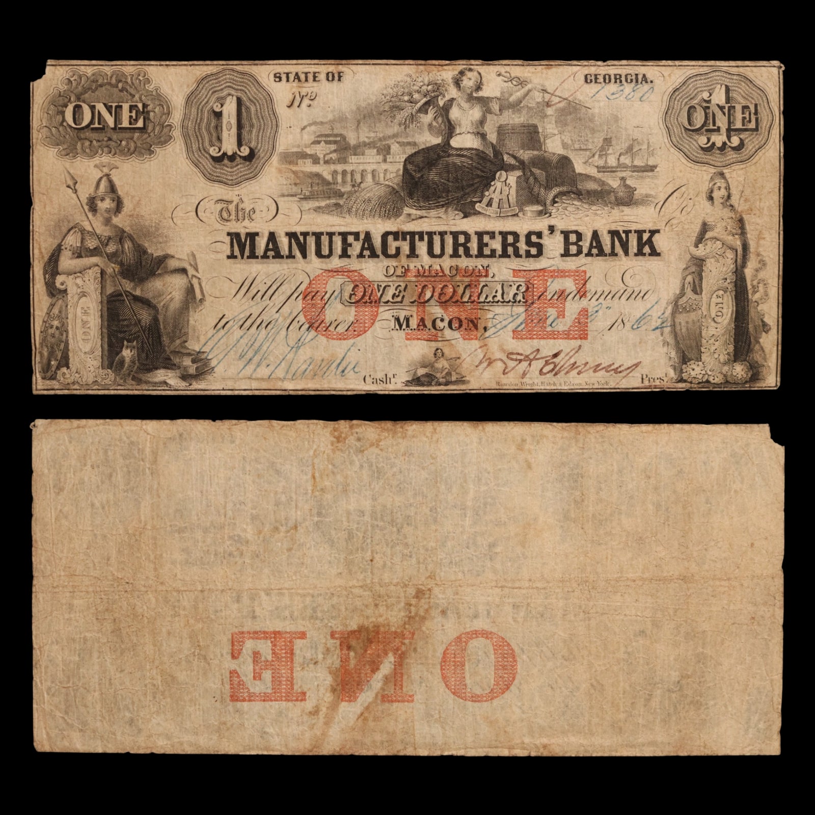 The Manufacturers' Bank of Macon, One Dollar Note - 1862 - Macon, Georgia, USA
