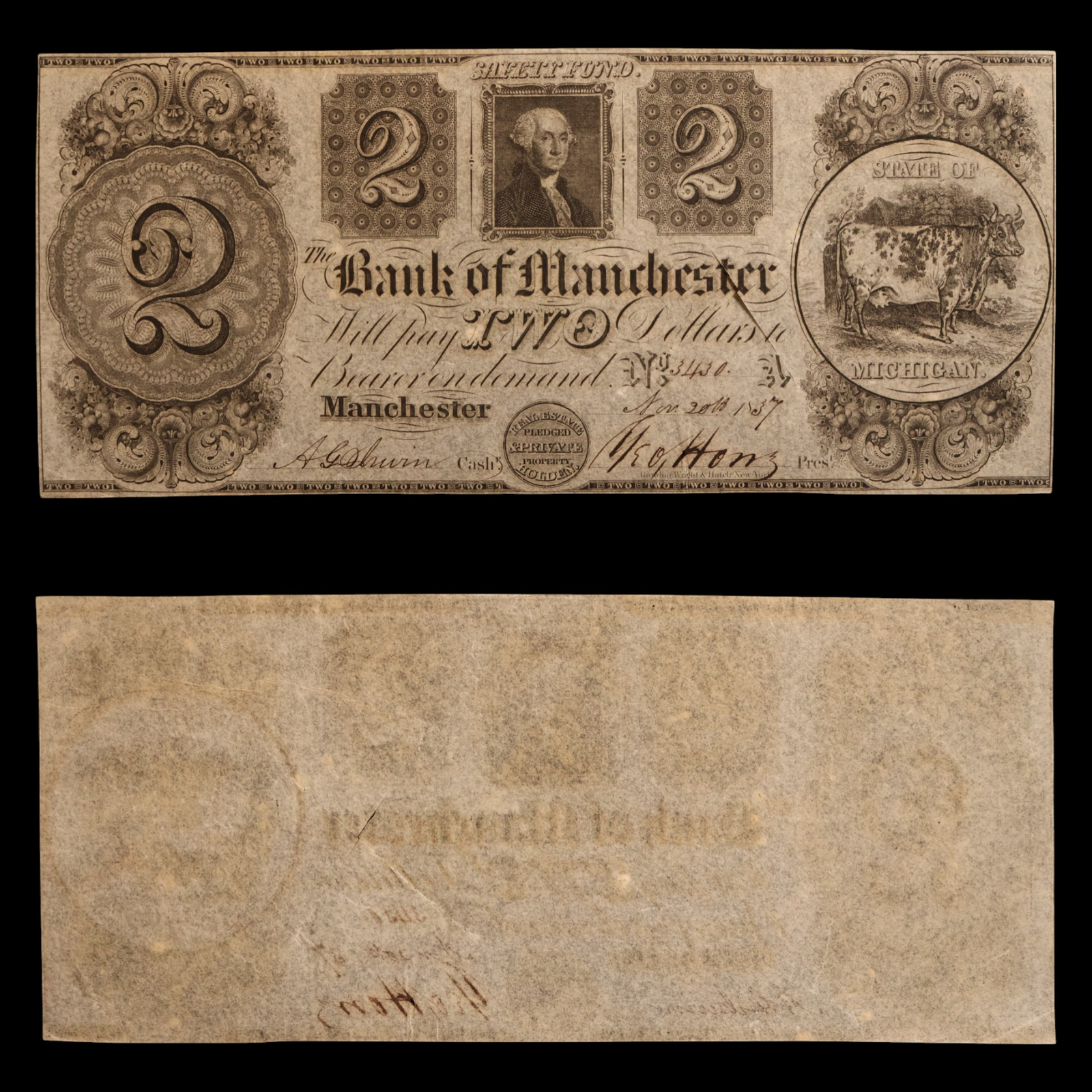 The Bank of Manchester, Two Dollars - November 20th, 1837 - Manchester, Michigan, USA
