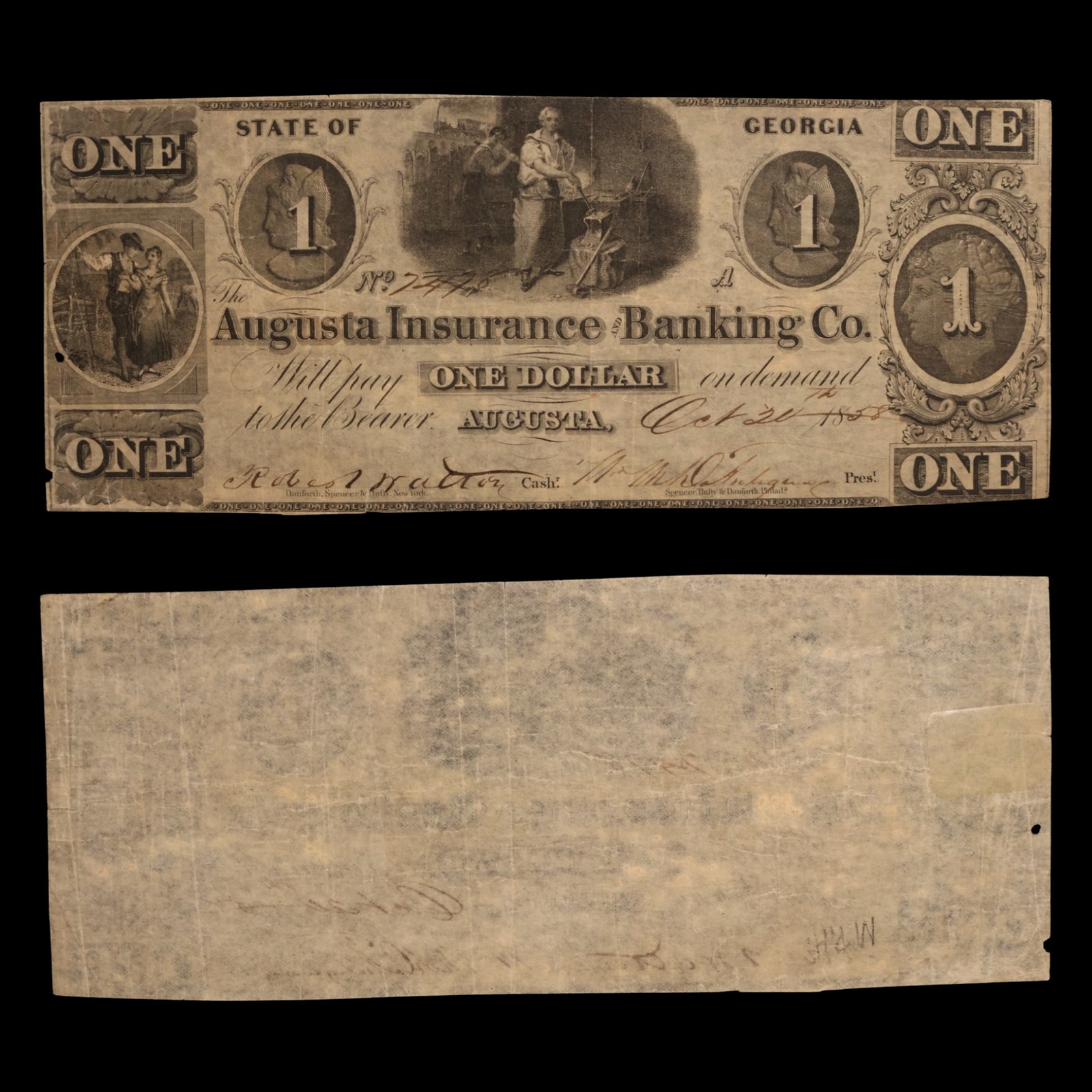 The Augusta Insurance and Banking Co, Georgia, One Dollar Note - 1858 - Augusta, Georgia, USA