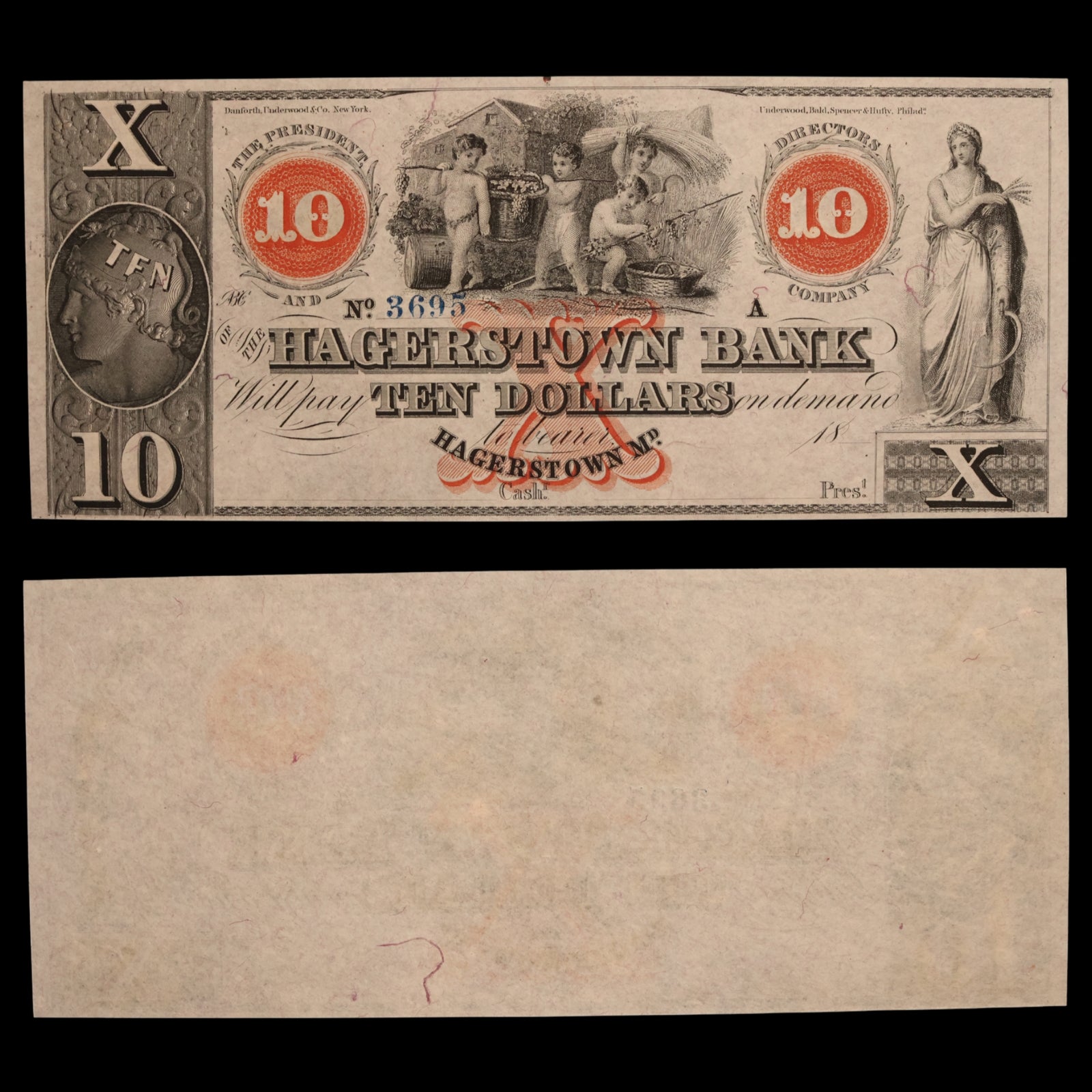 Hagerstown Bank, Ten Dollar Note (Unsigned) - c. 1850 to 1870 - Hagerstown, Maryland, USA
