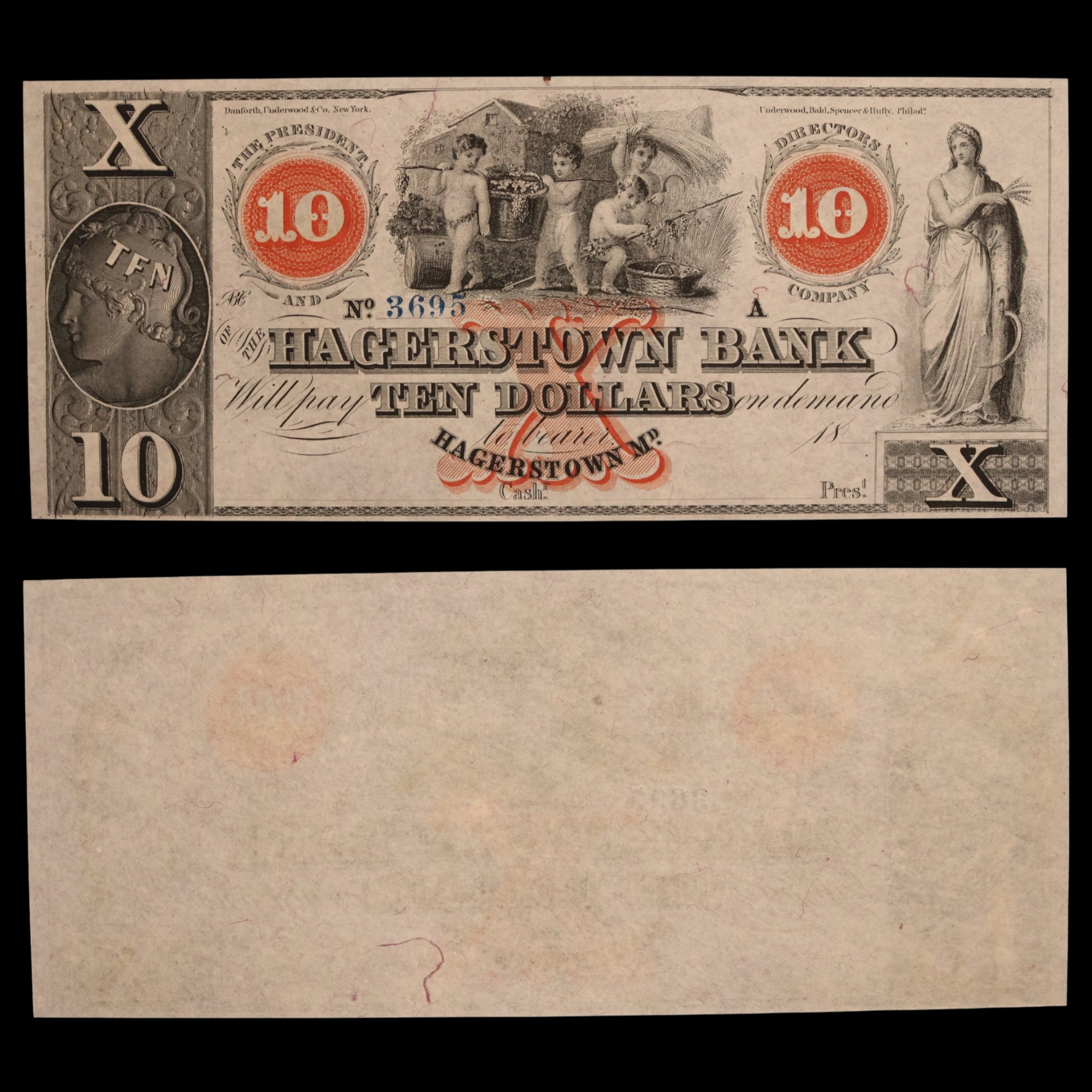 Hagerstown Bank, Ten Dollar Note (Unsigned) - c. 1850 to 1870 - Hagerstown, Maryland, USA