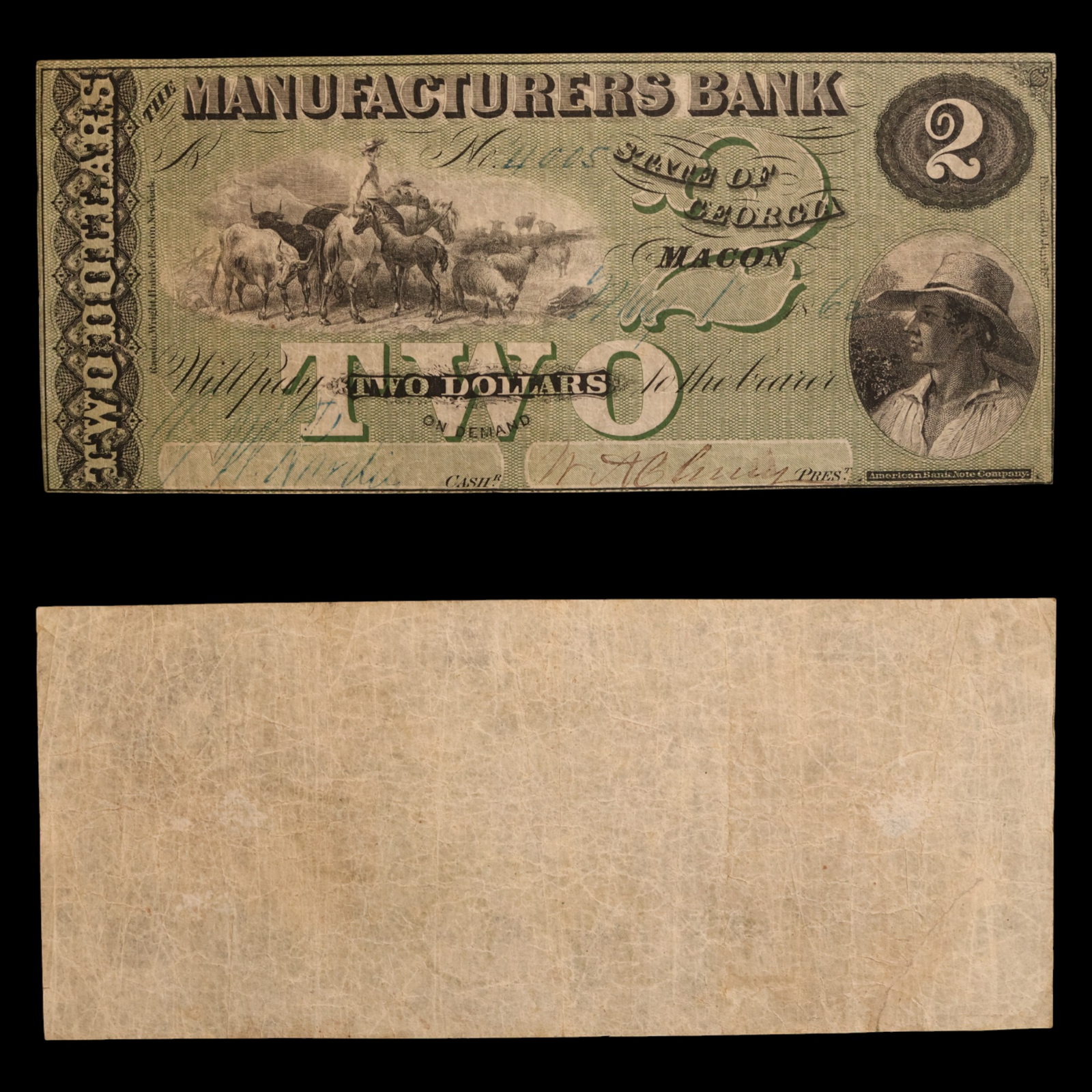 The Manufacturers Bank, Two Dollars - May 1st, 1862 - Macon, Georgia, USA