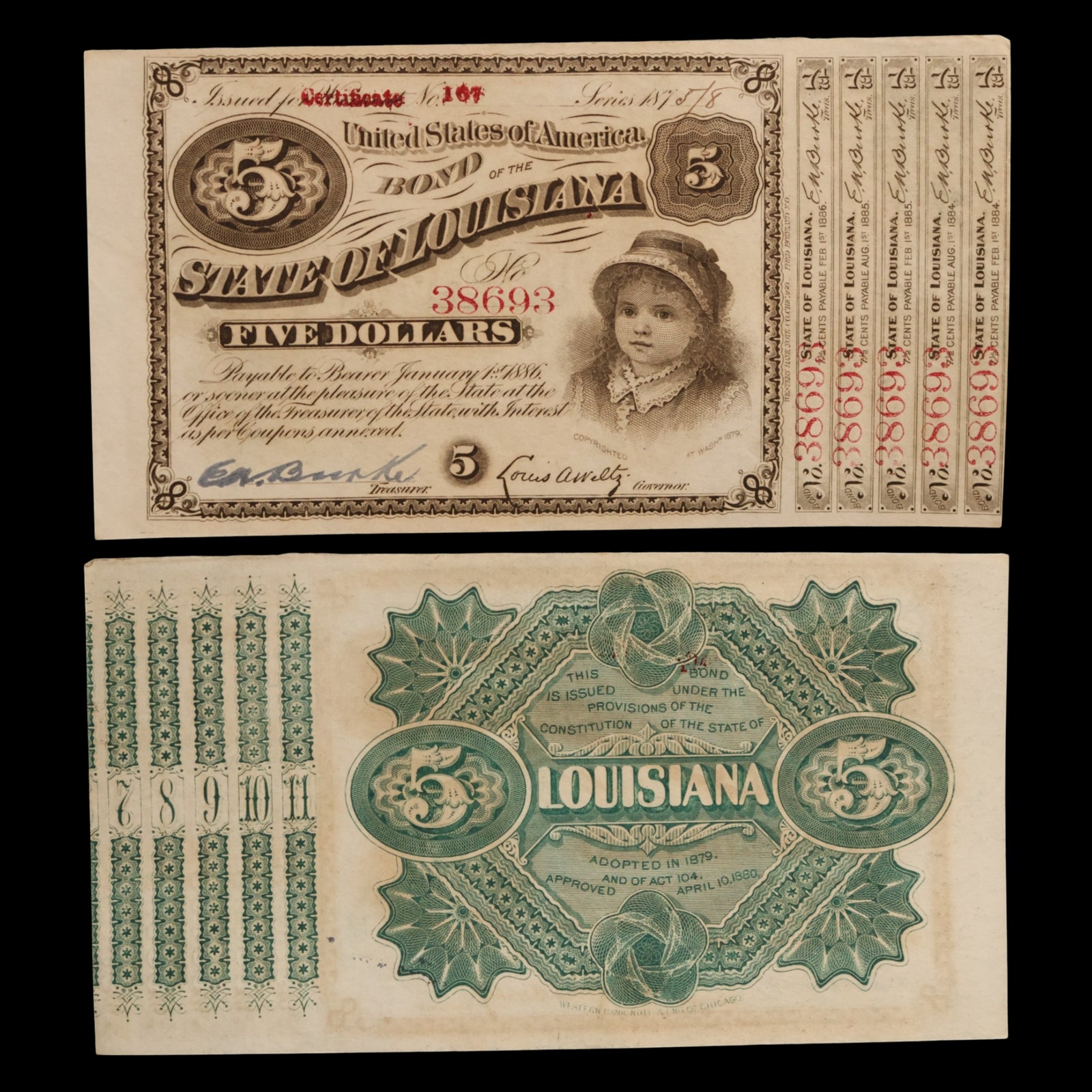 Bond of the State of Louisiana, Five Dollars - 1886 - Louisiana, USA