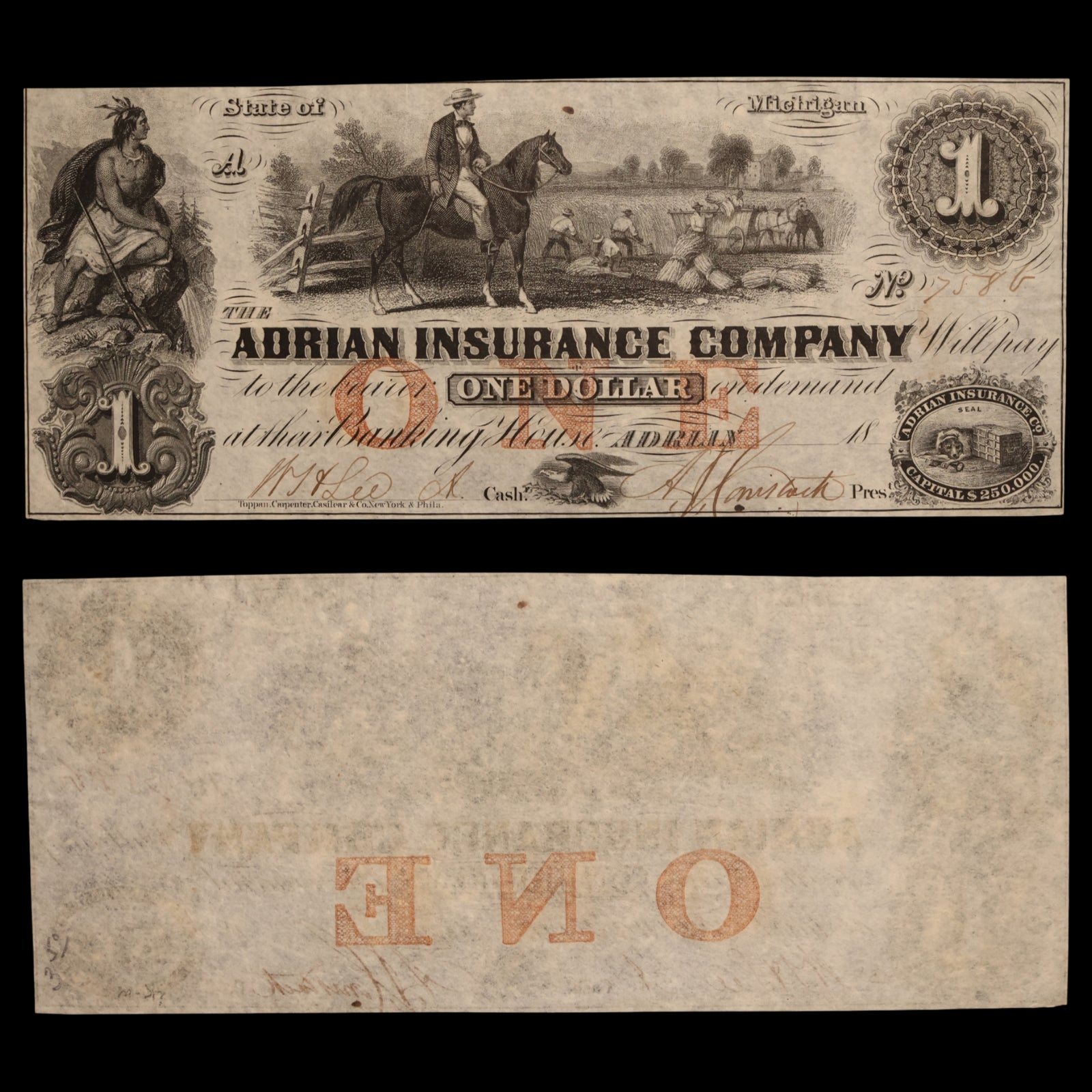 The Adrian Insurance Company, One Dollar Note - 1852 - State of Michigan