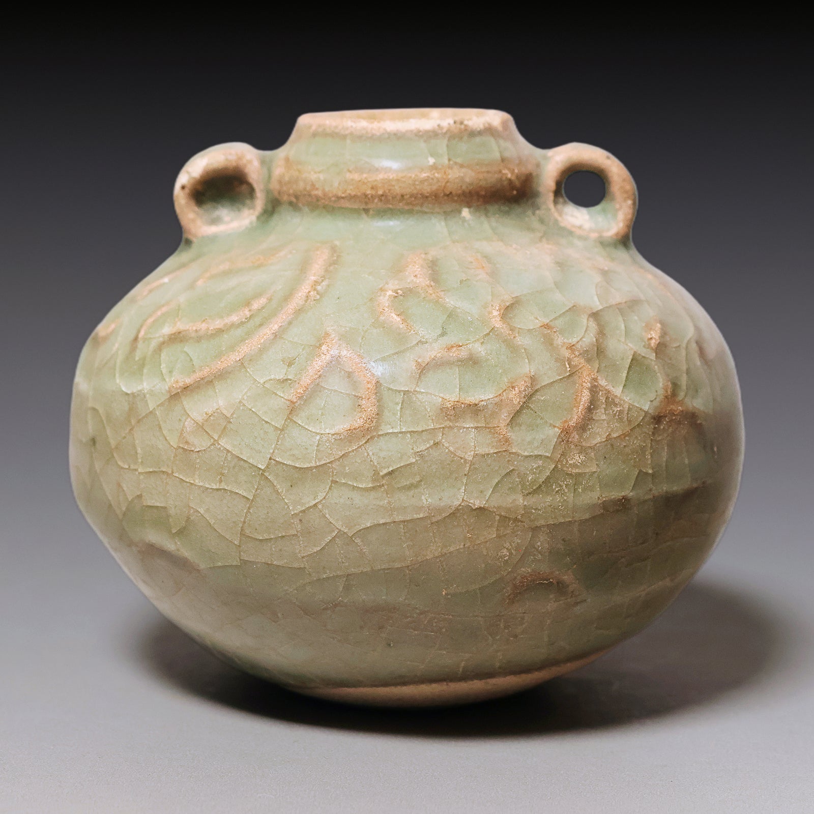 Ming Dynasty, Celadon Glazed Miniature Handled Vase