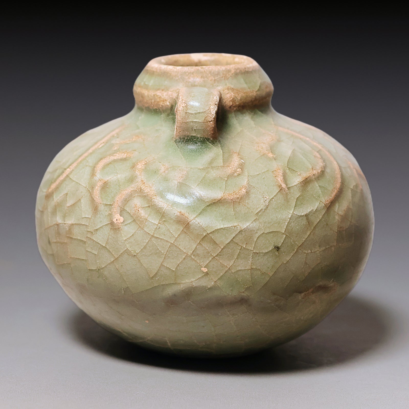 Ming Dynasty, Celadon Glazed Miniature Handled Vase