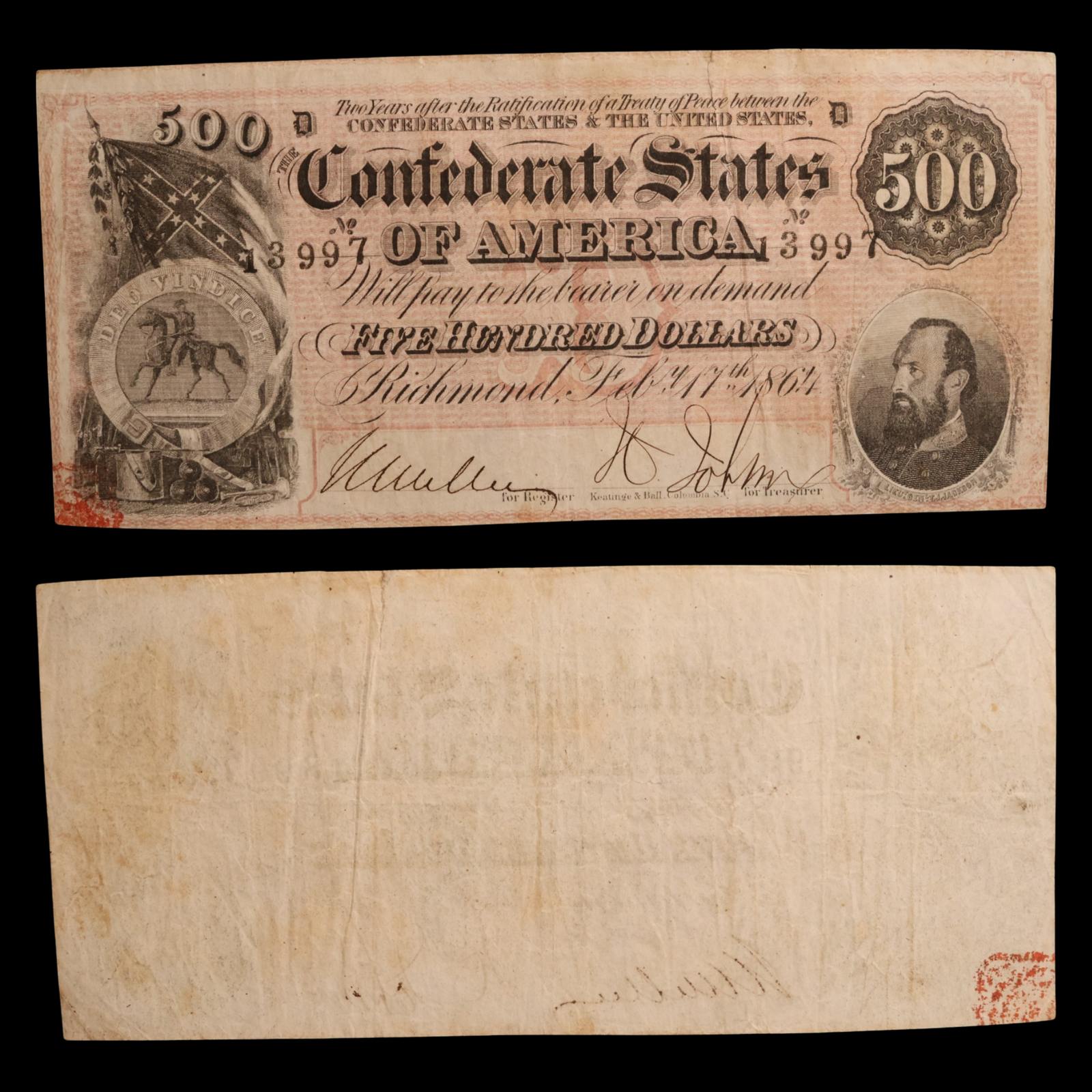 Confederate States of America, $500 Note - February 17th, 1864 - American Civil War