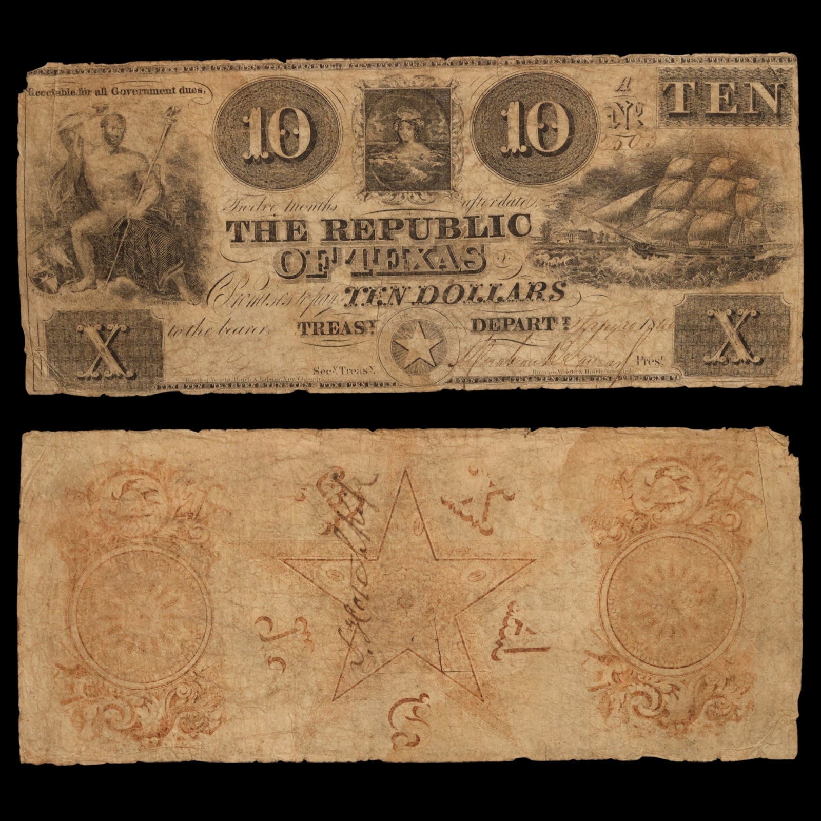 Republic of Texas, Ten Dollar "Redback" Note - 1840 - Republic of Texas
