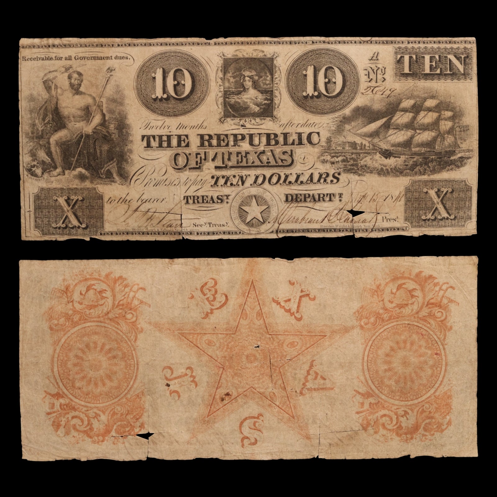 Republic of Texas, Ten Dollar "Redback" Note - 1840 - Republic of Texas