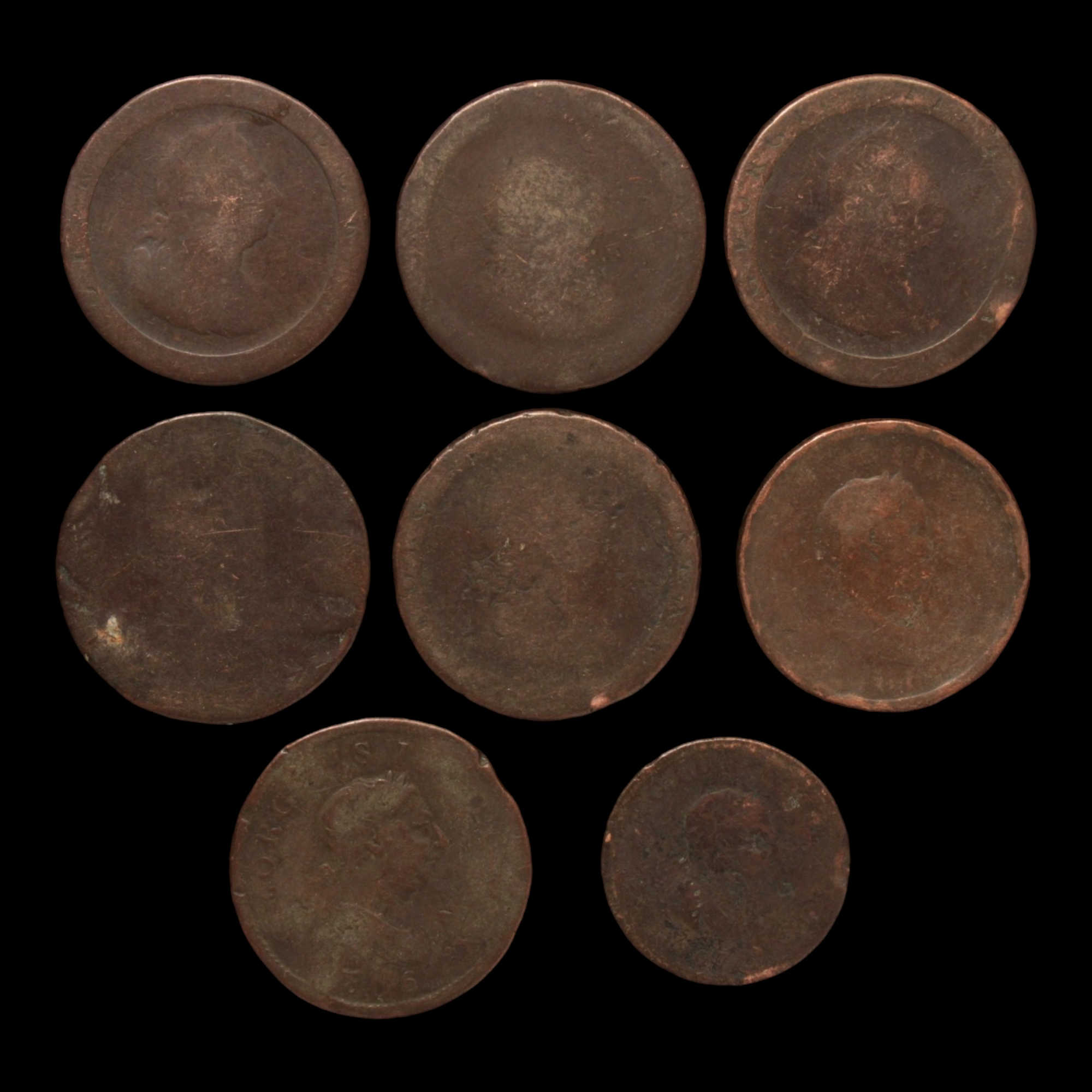 Lot of 8 British Coppers, George III, Low Grade - 1790s to 1800s - Great Britain