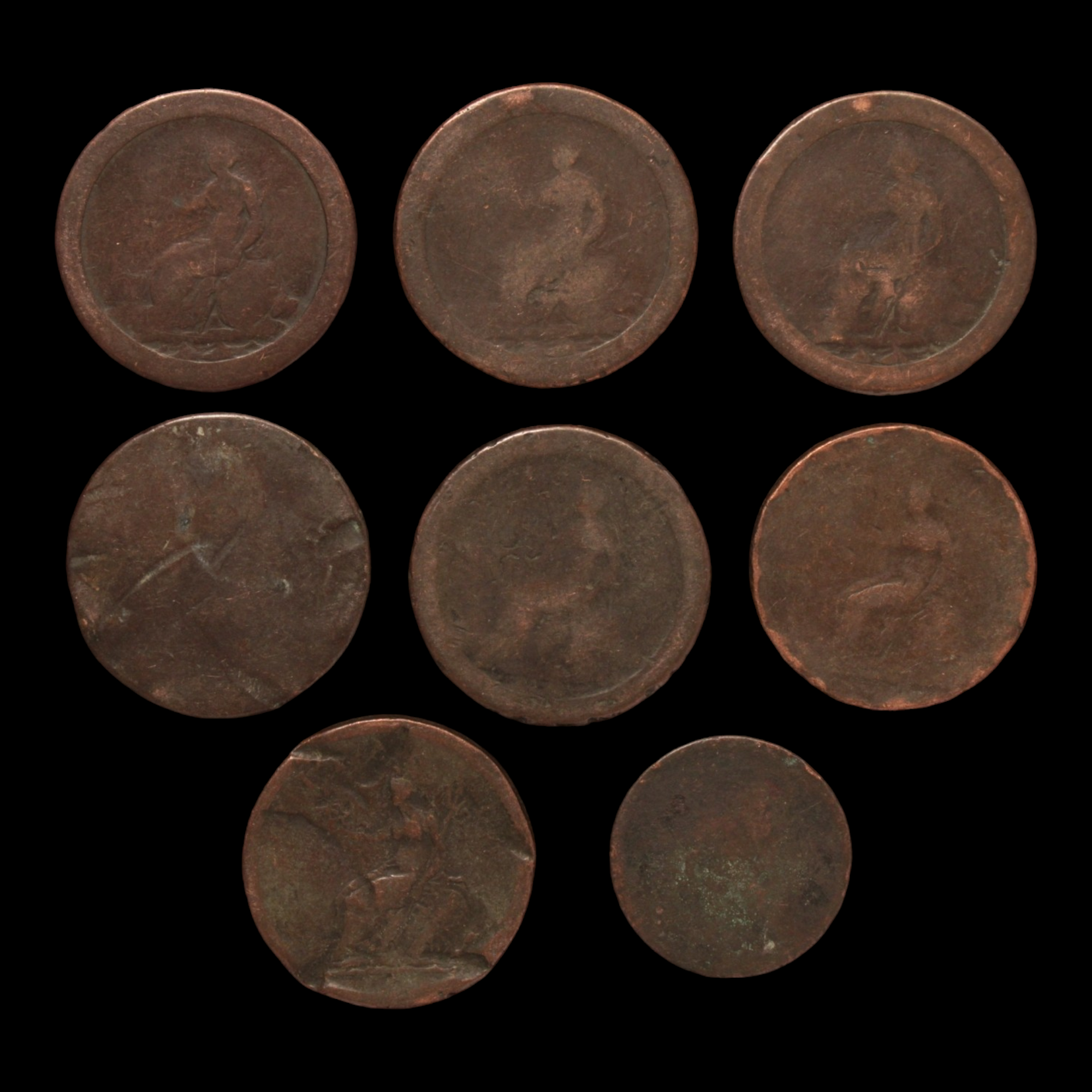 Lot of 8 British Coppers, George III, Low Grade - 1790s to 1800s - Great Britain