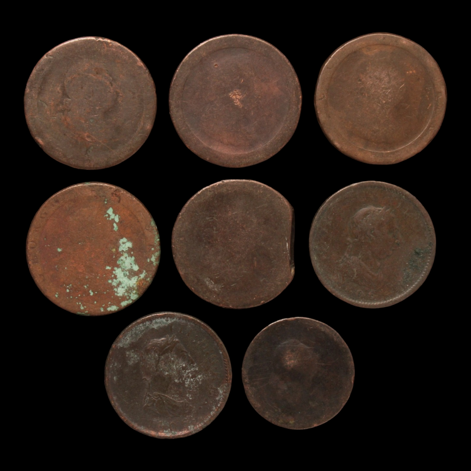 Lot of 8 British Coppers, George III, Low Grade - 1790s to 1800s - Great Britain