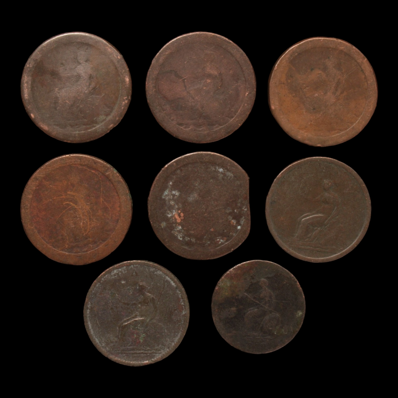 Lot of 8 British Coppers, George III, Low Grade - 1790s to 1800s - Great Britain