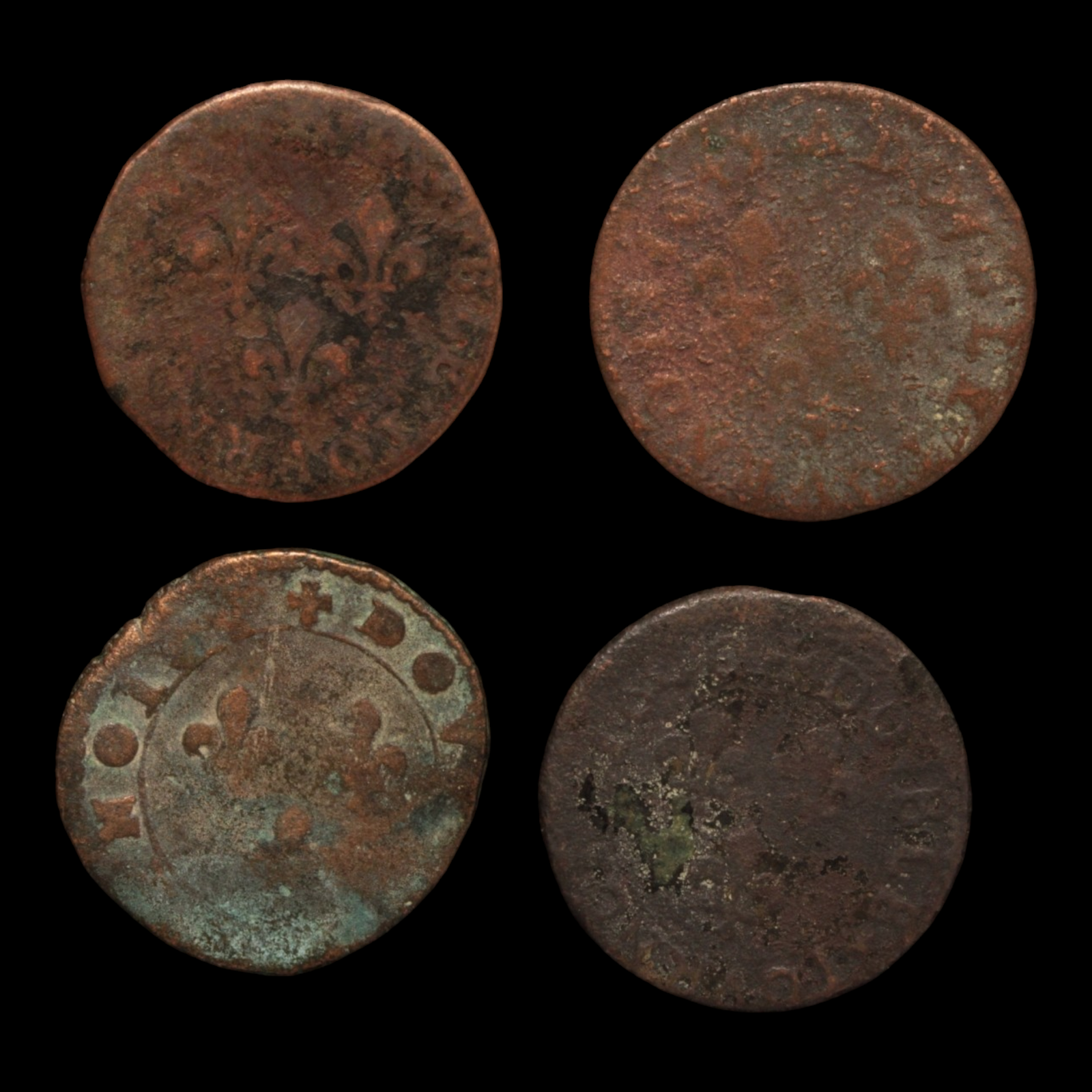Lot of 4 Double Tournois, Low Grade - 1600s - France