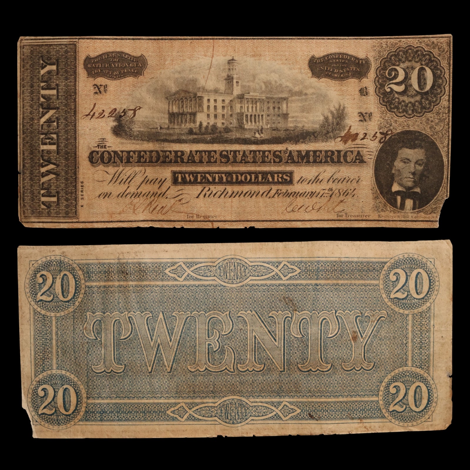 Confederate States of America, $20 Note - February 17th, 1864 - American Civil War