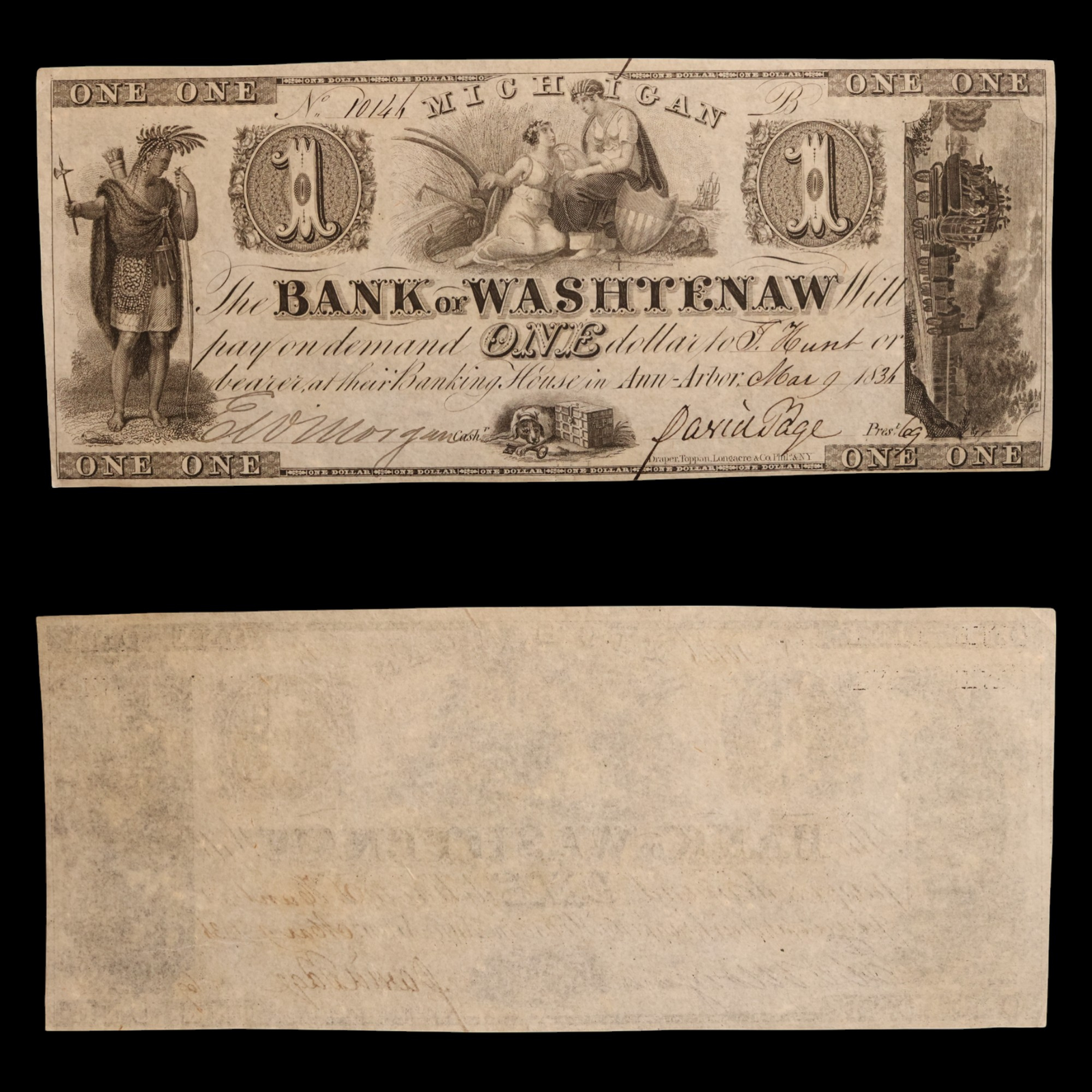 The Bank of Washtenaw, One Dollar Note - March 9th, 1836 - Ann Arbor, Michigan, USA