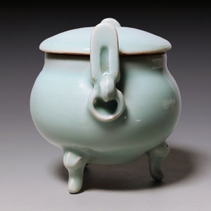 Qing Dynasty, Celadon Glazed Tripod Incense Burner with Lid and Handles