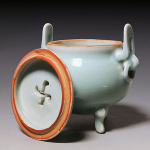 Qing Dynasty, Celadon Glazed Tripod Incense Burner with Lid and Handles