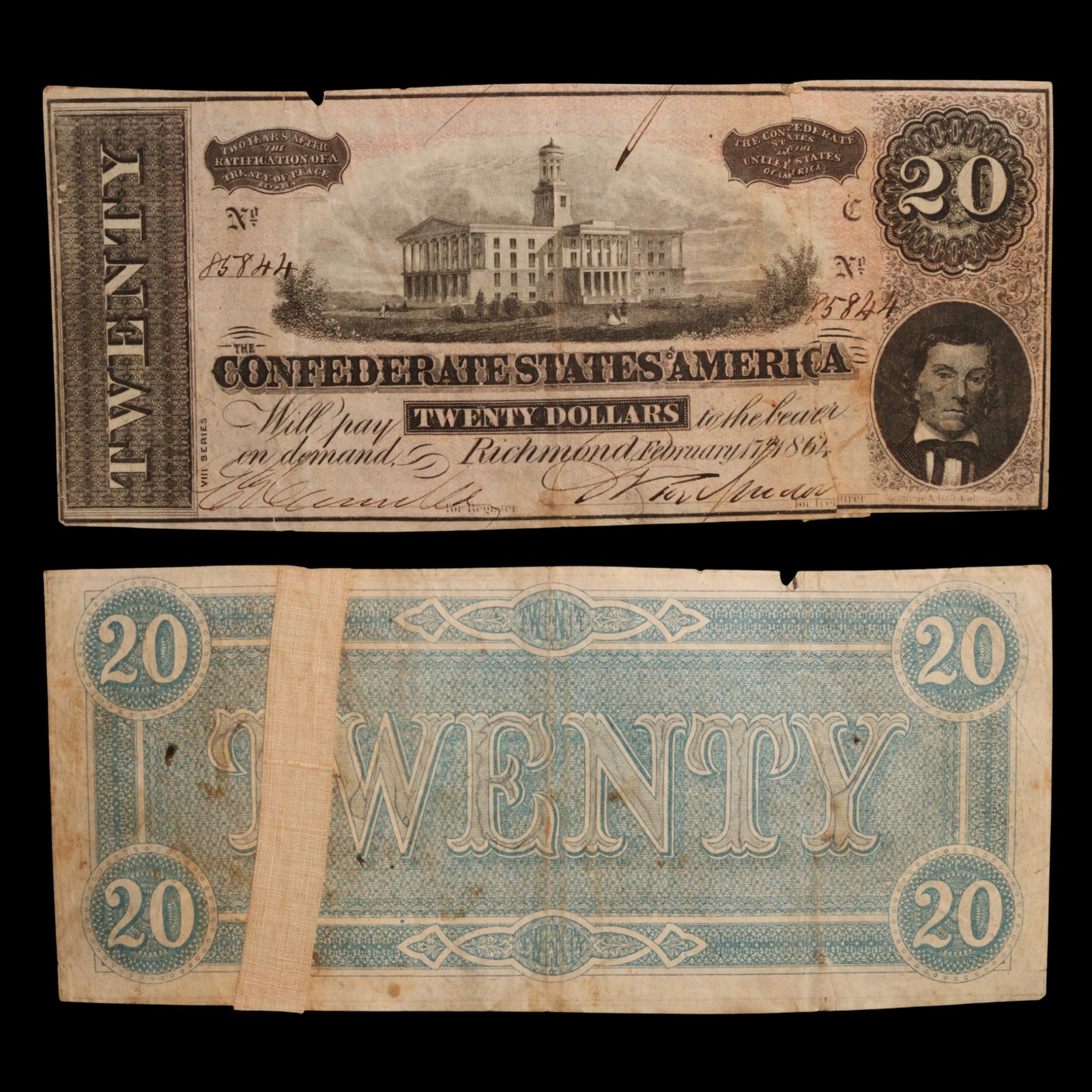 Confederate States of America, $20 Note - February 17th, 1864 - American Civil War
