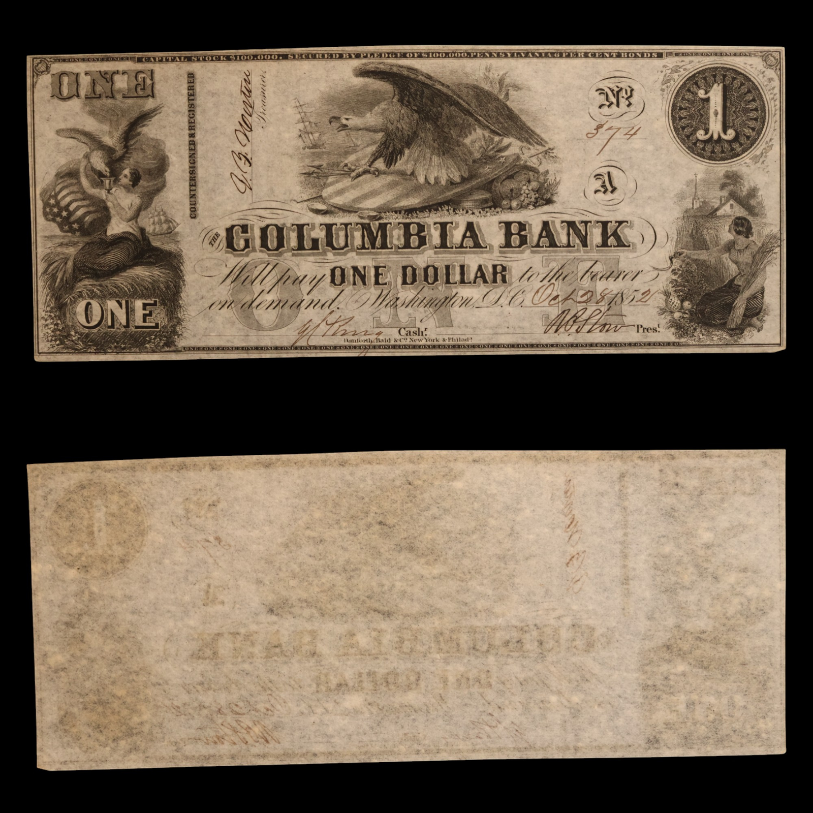 The Columbia Bank, One Dollar Note - October 28th, 1852 - Washington, DC, USA