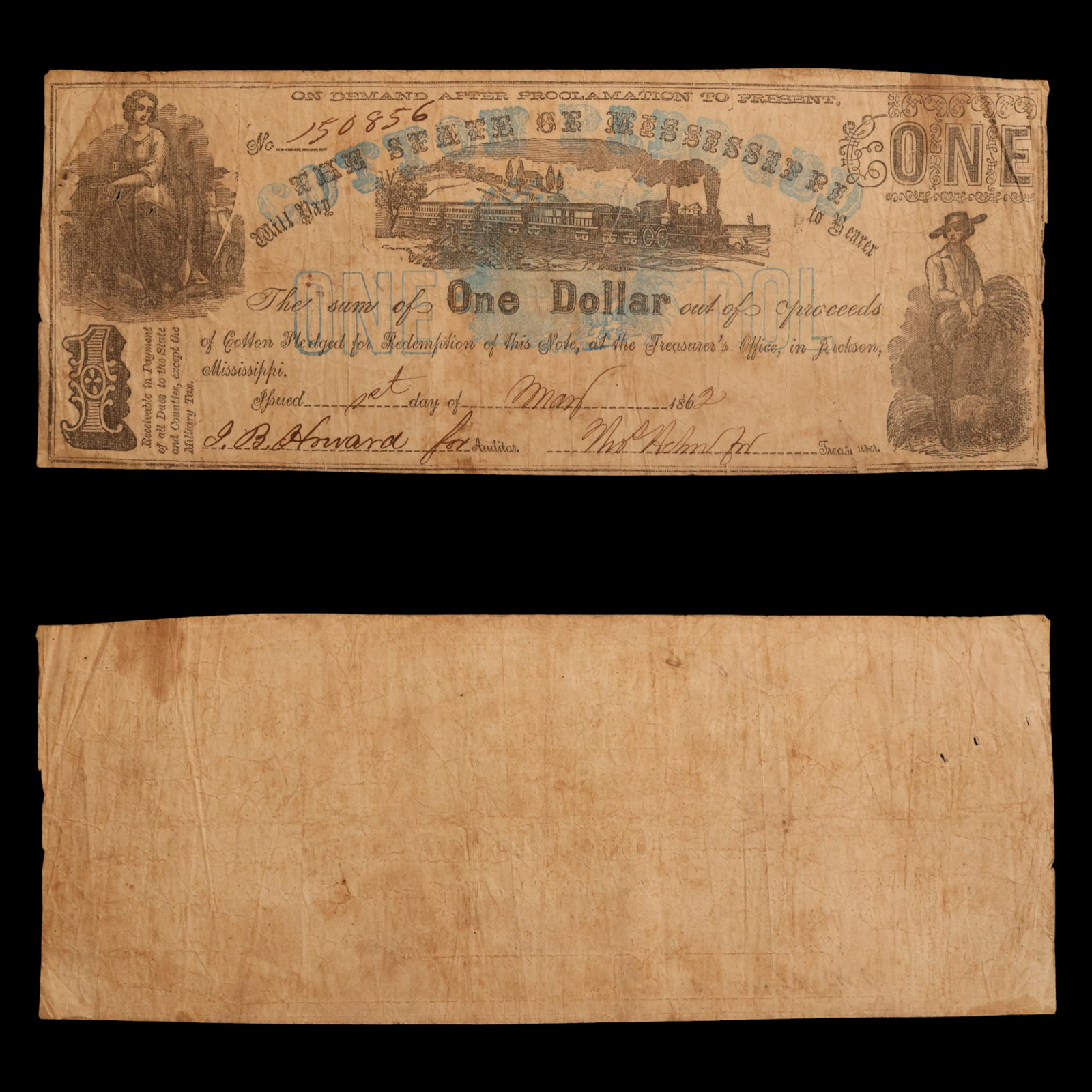 State of Mississippi, "Cotton Pledged" One Dollar Note - 1862 - American Civil War