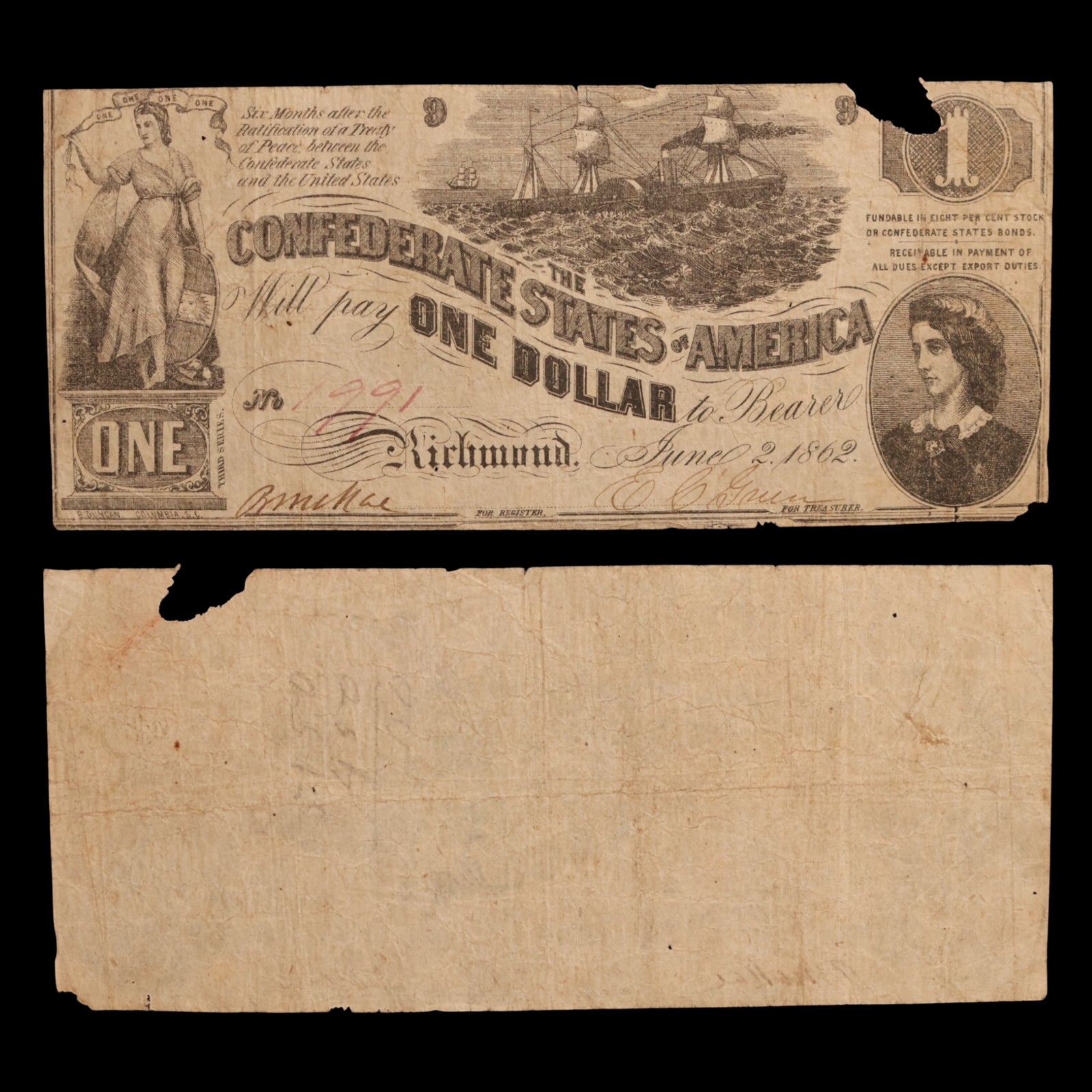 Confederate States of America, $1 Note - June 2nd, 1862 - American Civil War