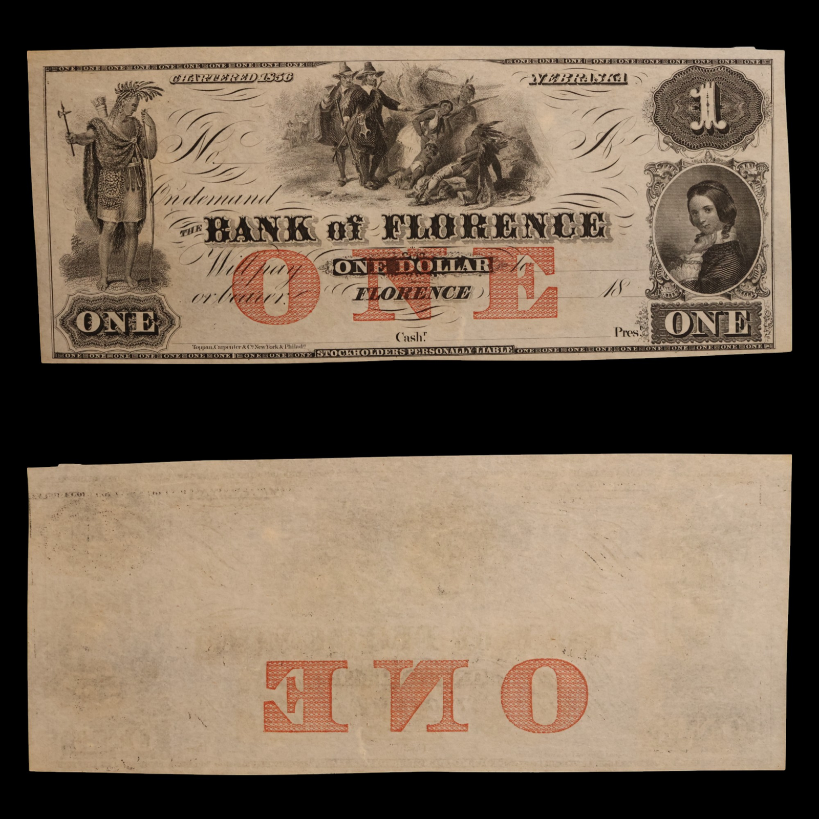 Bank of Florence, One Dollar Note (Unissued) - 1856 to 1859 - Florence, Nebraska, USA