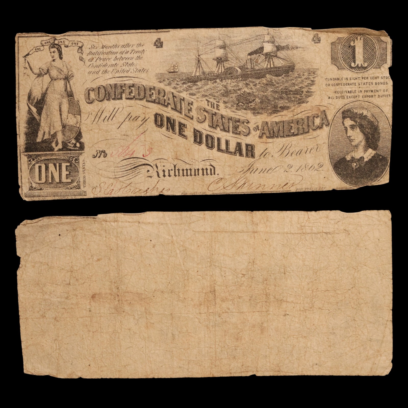 Confederate States of America, $1 Note - June 2nd, 1862 - American Civil War