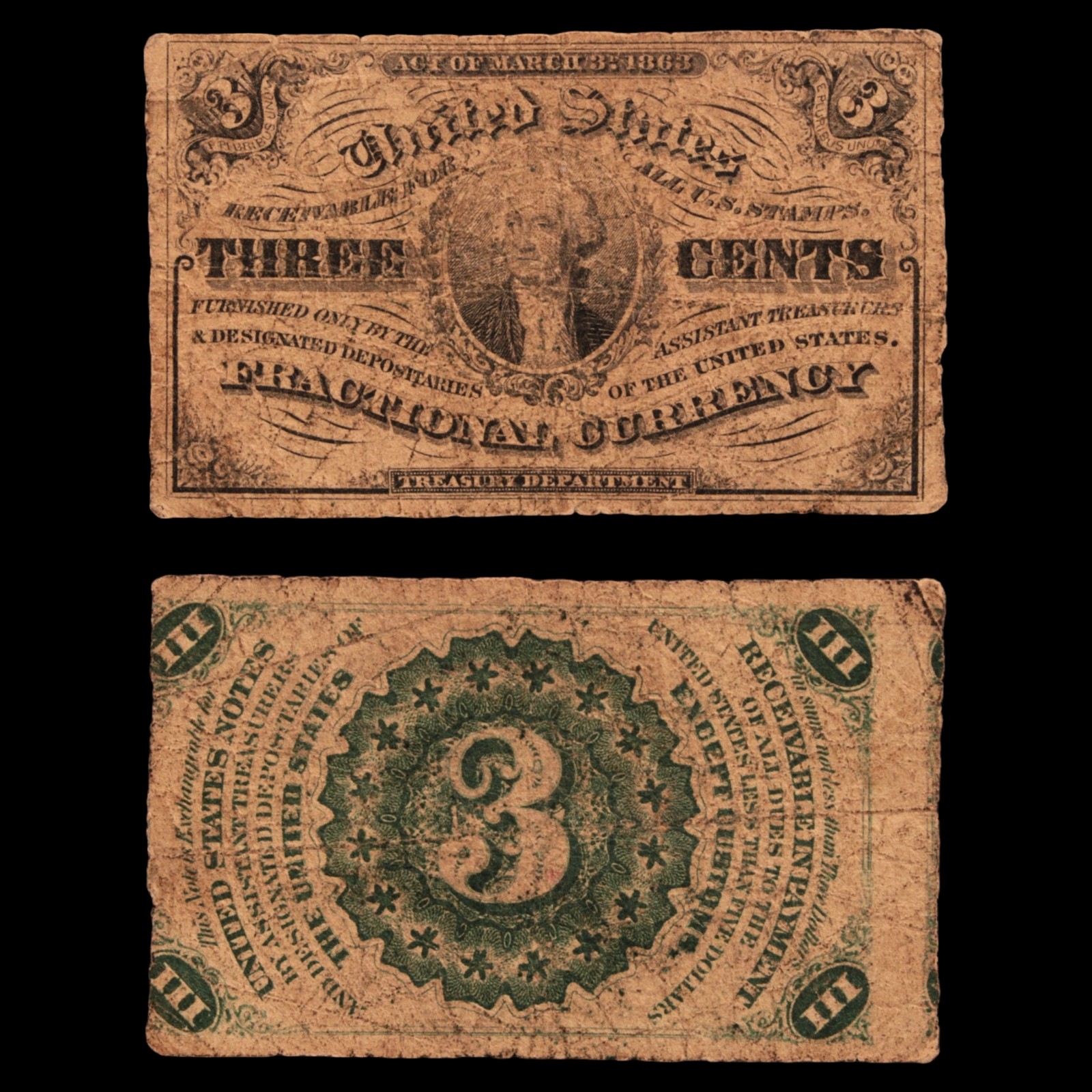 U.S. Fractional Currency, 3¢ Note, Third Issue (Rarer Type) - 1864 to 1869 - United States of America