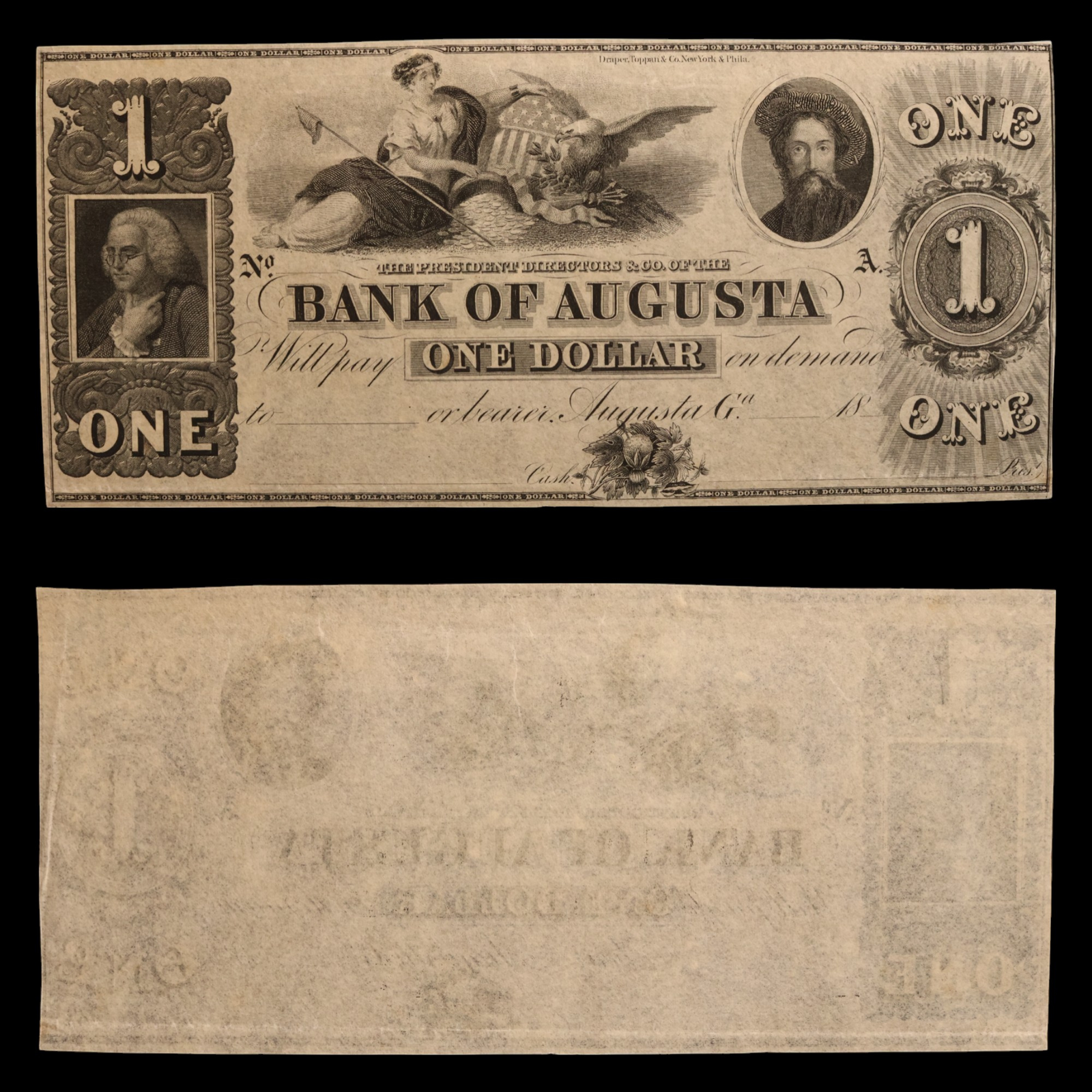 Bank of Augusta, One Dollar Note (Unissued) - c. 1845 - Augusta, Georgia, USA