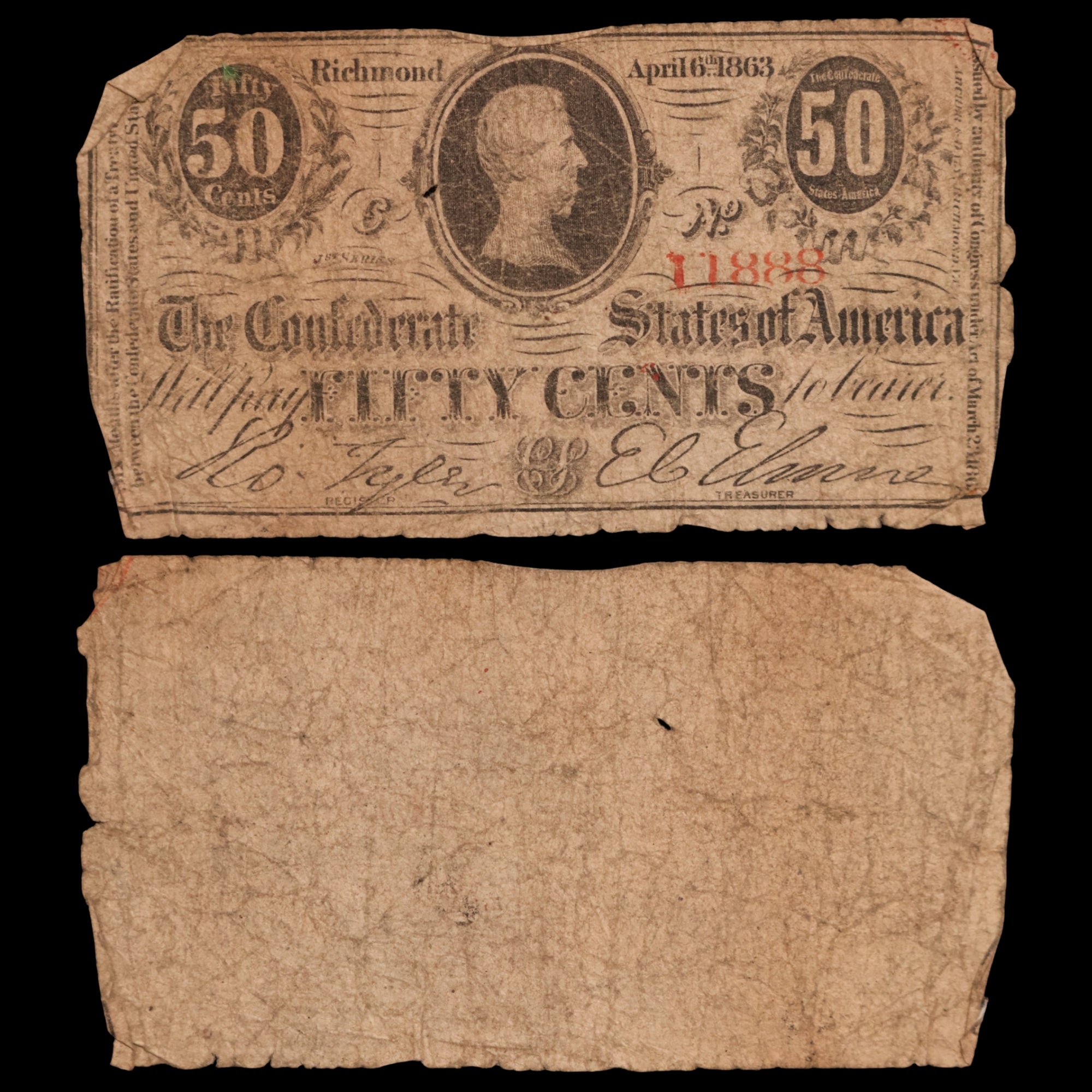 Confederate States of America, 50 Cent Note - April 6th, 1863 - American Civil War