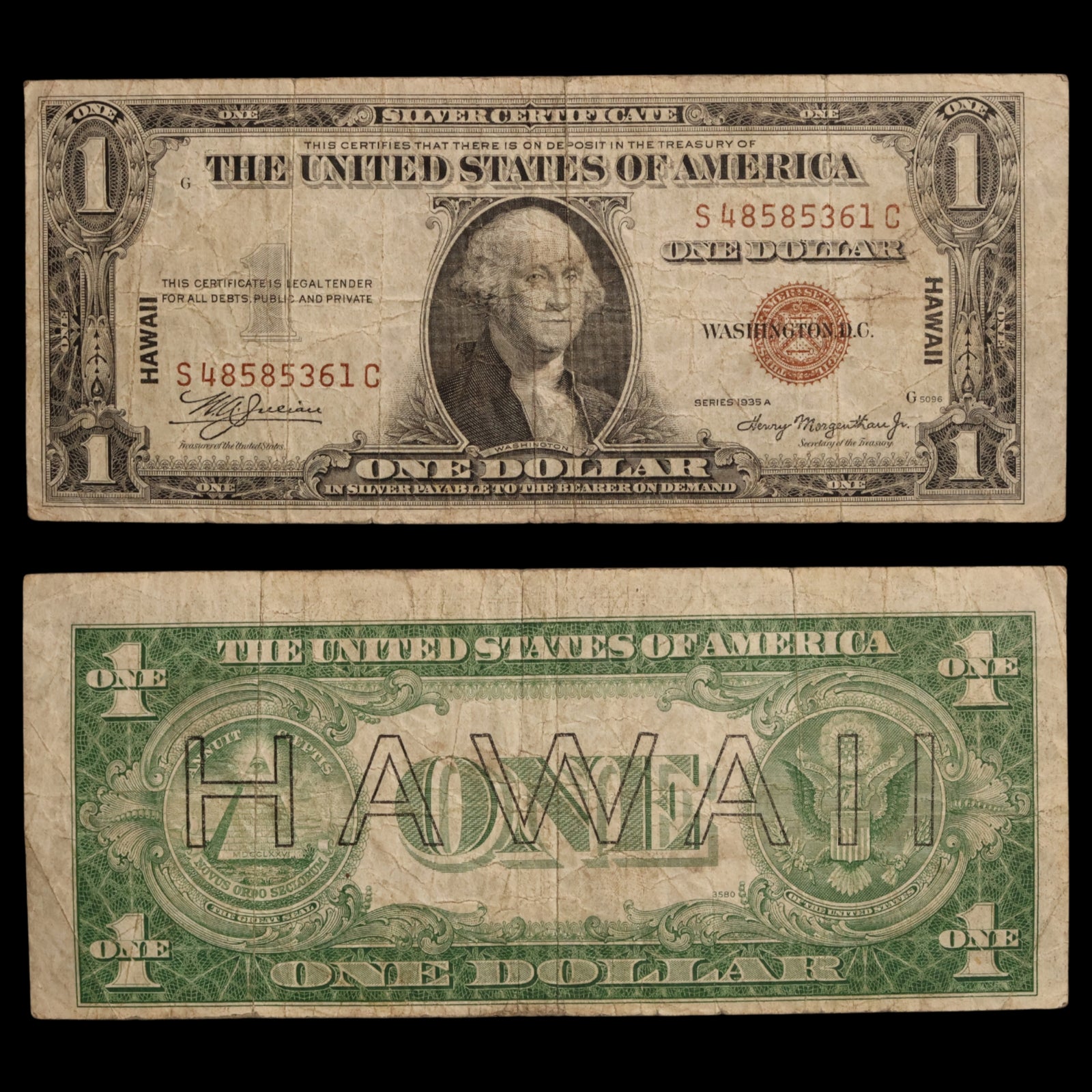 $1 U.S. Silver Certificate, Hawaii Overprint Note - 1942 to 1944 - World War II