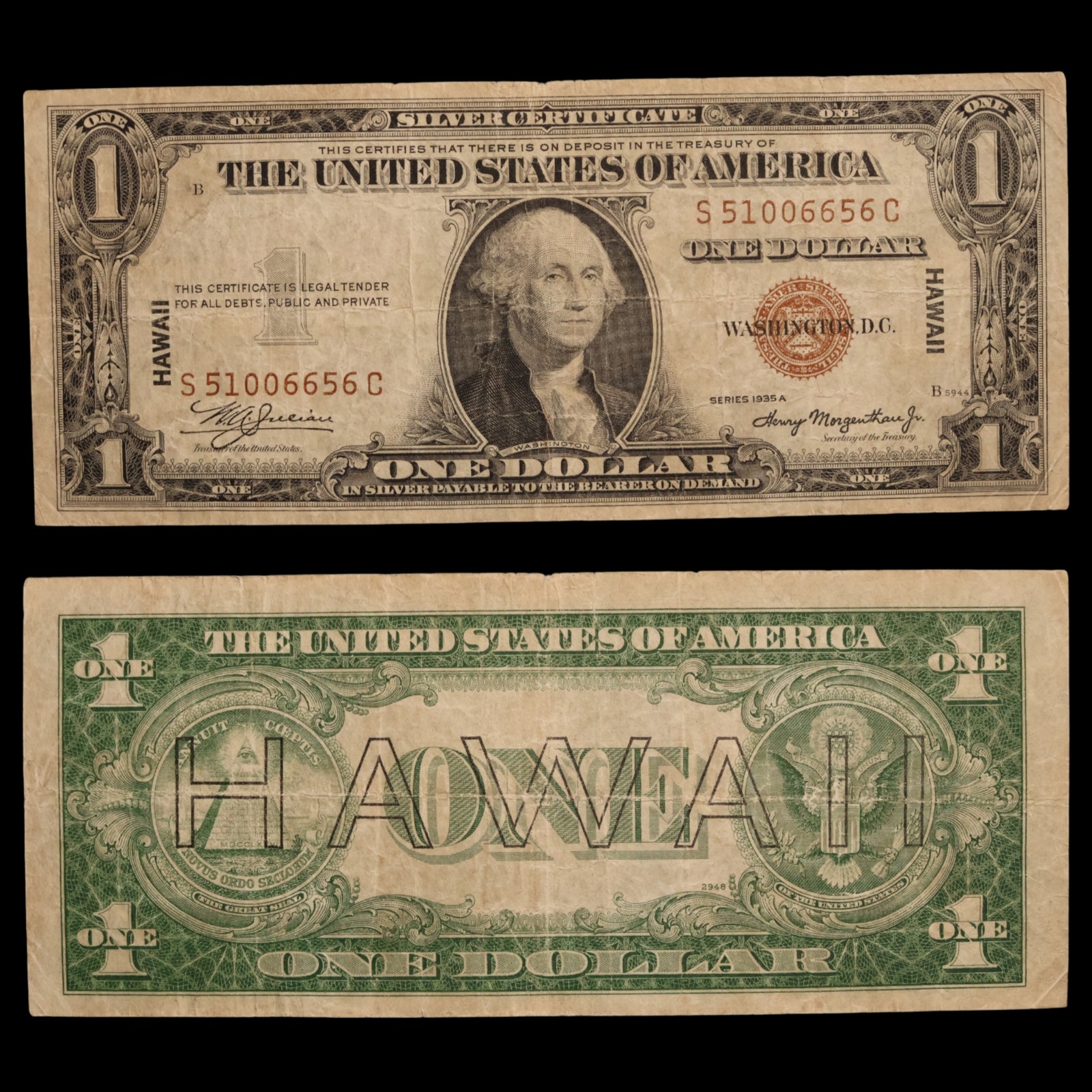 $1 U.S. Silver Certificate, Hawaii Overprint Note - 1942 to 1944 - World War II