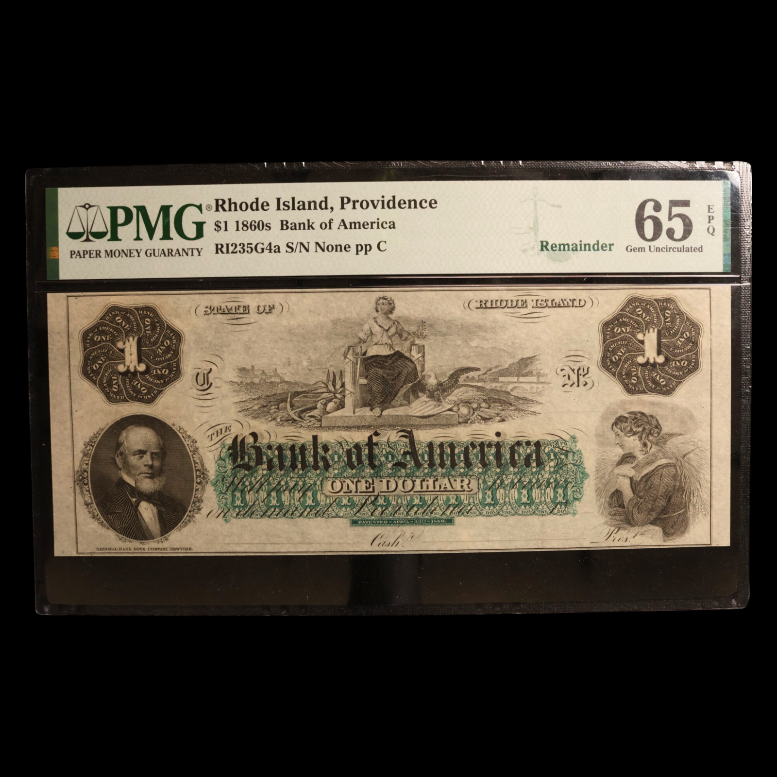 Rhode Island, Bank of America, One Dollar Note - 1860s - American Civil War Era