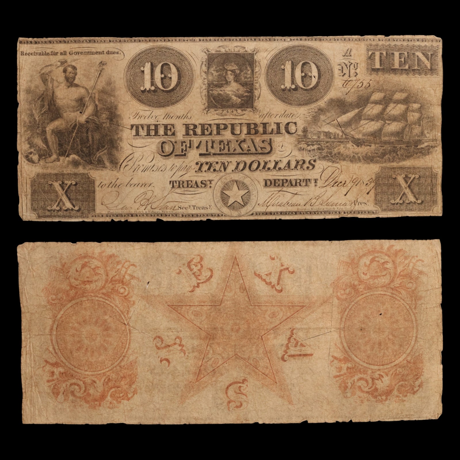 Republic of Texas, Ten Dollar "Redback" Note - 1839 - Republic of Texas
