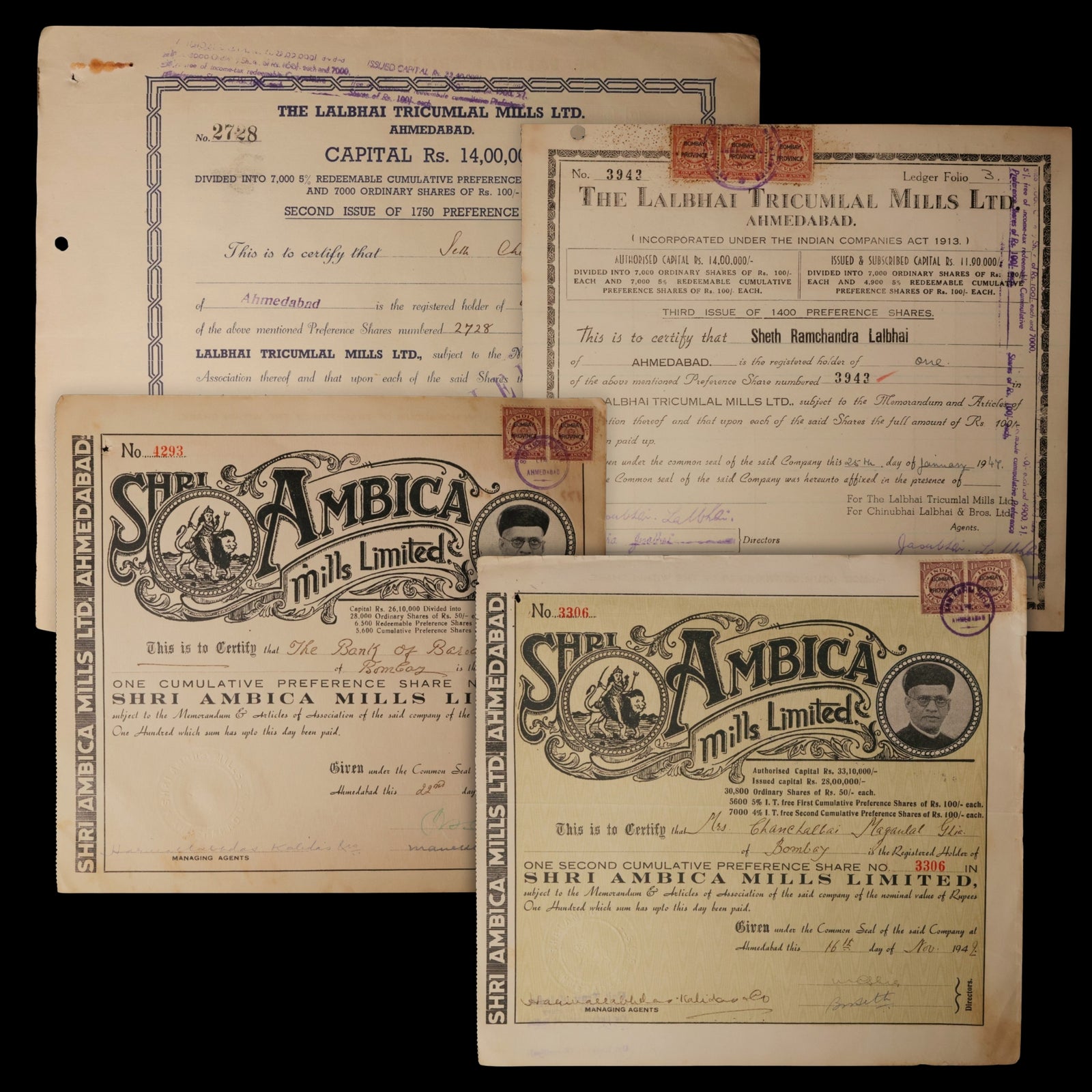 British India, Collection of Four Textile Industry Stock Certificates - 1944 to 1947 - Ahmedabad, Bombay Province